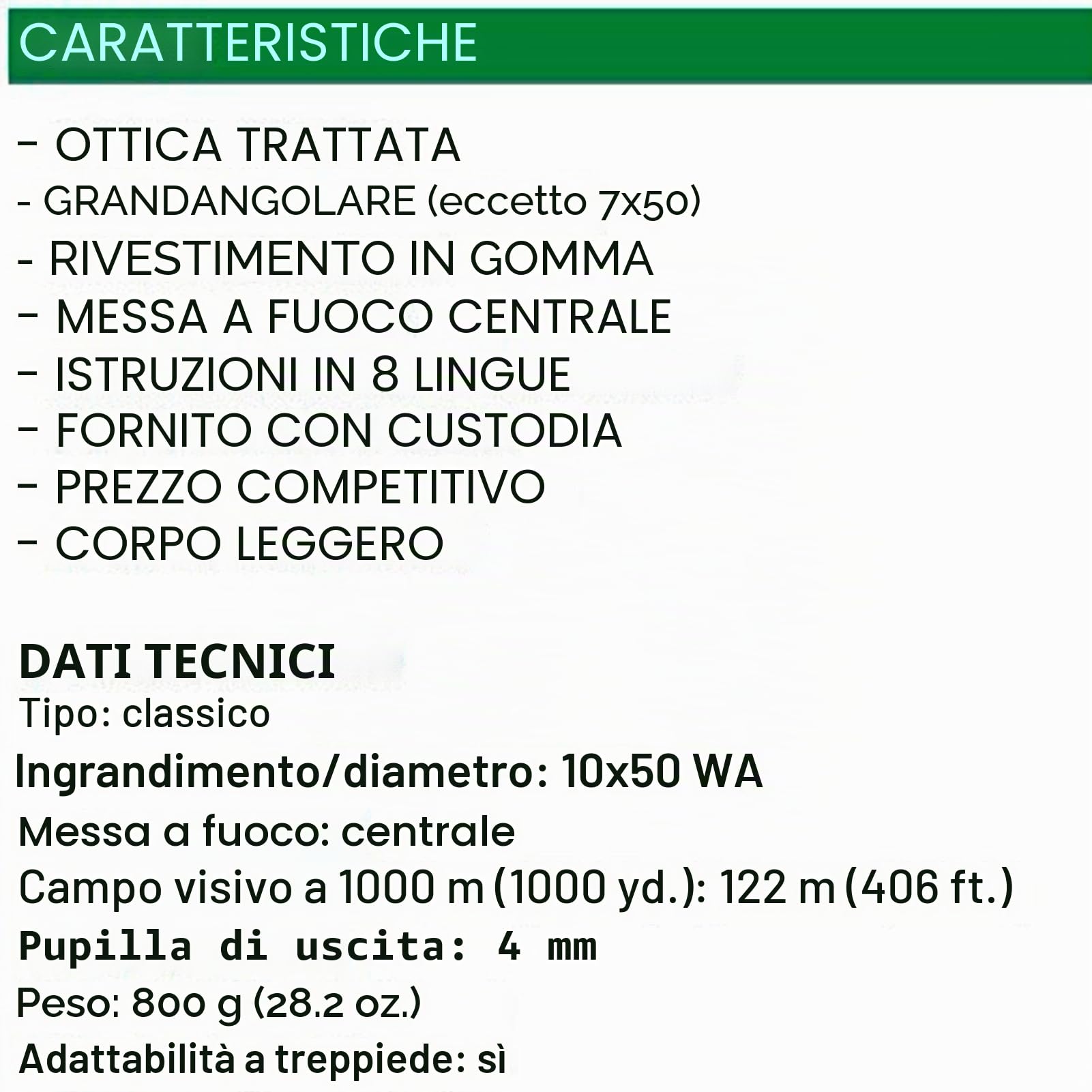 KONUS | KONUSVUE 10x50 Binocolo Classico con Zoom 10x50 Gommato Nero, Messa a Fuoco Centrale