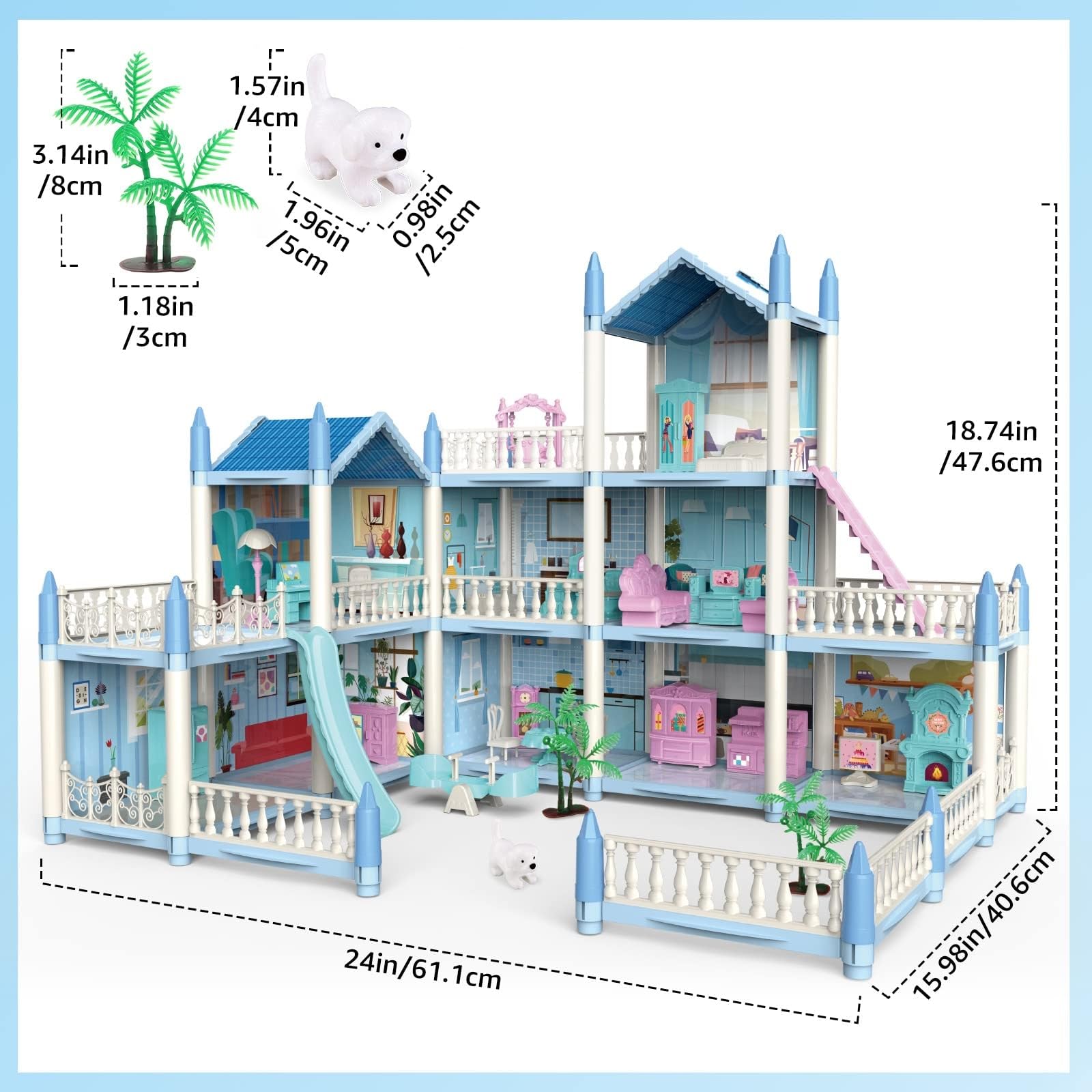 deAO Casa delle Bambole a 3 Piani con 6 Stanze, Set di Gioco Casa delle Bambole, Casa in Miniatura con Mobili e Scivoli, Scale, Recinzioni, Cagnolino e Bambole, Ottimo Regalo per Bambini