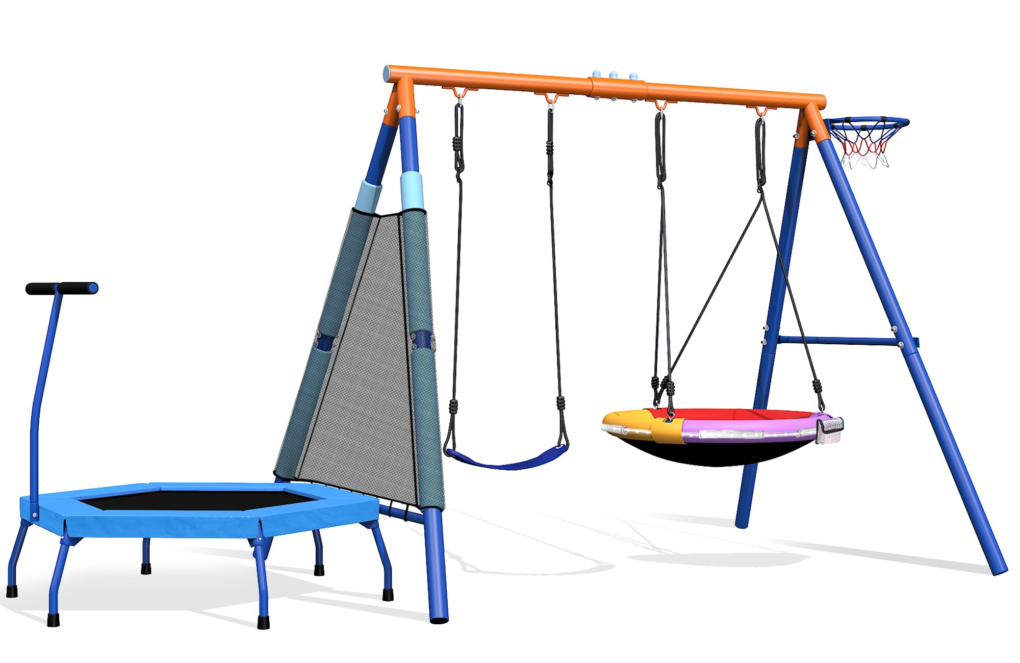 5-in-1 Kids Swing Sets for Backyard with Trampoline, Heavy-Duty A-Frame Stand Metal Outdoor with 32 inch Saucer & Belt Swing, 55 inch Trampoline, Basketball Hoop