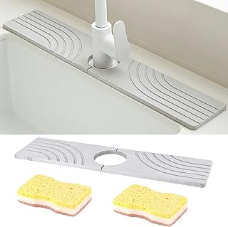 Alfombrilla Fregadero Cocina,40x10 cm Protector Mueble Fregadero de Diatomita con 2 Esponjas de Limpieza,Alfombrilla Absorbente para Grifo,alfombrilla Grifo fregadero Protector para Baño,Gris Claro
