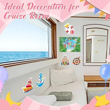 Kanayu 6 Pcs Birthday Cruise Door Decoration Large Happy Birthday Cruise Door Magnet Anchor Ship Steering Wheel Life Preserver Ring Car Fridge Decal for Summer Stateroom Carnival Party(Classic Style)