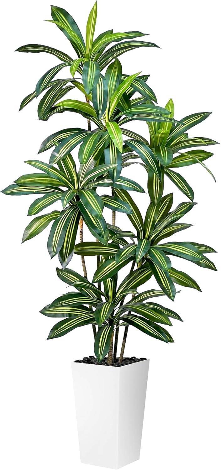 Artificial Dracaena Tree 5FT Tall Fake Plant with White Planter - Realistic Faux Dragon Tree with Tall Planter - Indoor Floor Plant for Home, Office,Mall, Living Room, Bedroom Decor