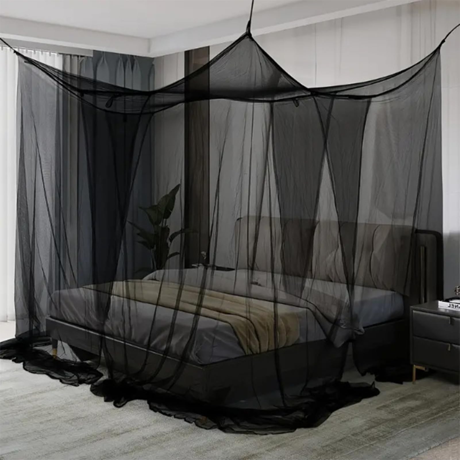 Mosqui-to Net For Bed, Black Canopy Bed Curtains, Large Super King Bed Mesh Fly Netting For Bedroom, Travel, Camping 190×210 Cm