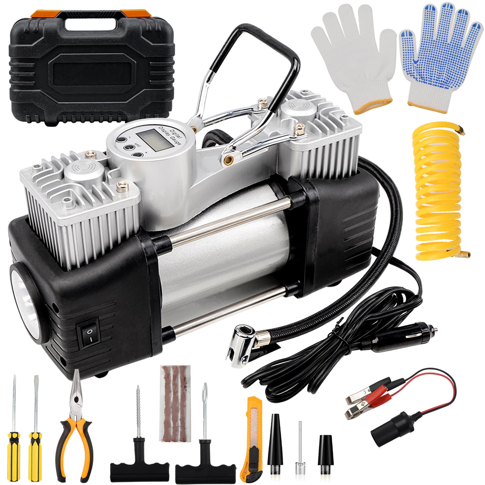 XSTRAP Upgrated Portable Double Cylinder Air Compressor Tire Inflator with LED Flashlight, 12V Compact Air Pump for Car Tires, 150 PSI with Tire Repair Kit and Toolbox for Auto, Off-Road, Truck, Bike