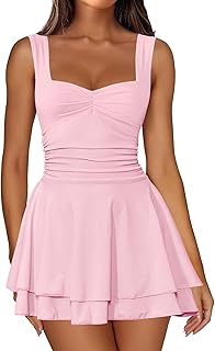 IWD Women's Square Neck Sleeveless Mini Dress Ruched Waist Tiered Ruffle Hem A Line