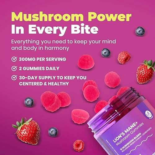Miniatura 5 de DR. MORITZ Gomitas de melena de león para adultos y niños mayores de 4 años, gomitas de hongos con mezcla 12 en 1 que incluye Reishi y Chaga, melena
