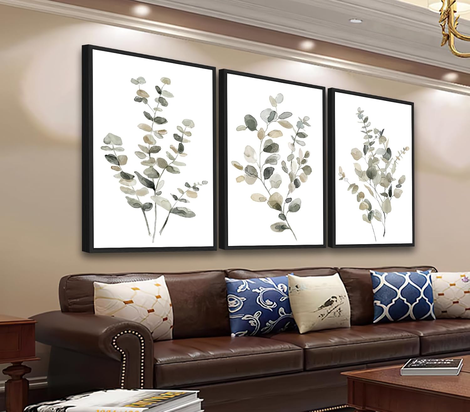 Large Framed Botanical Wall Art - Eucalyptus Leaf Wall Decor 24"x36" Set of 3 Taupe Simple Life Painting Prints Minimalist Farmhouse Plant Canvas Pictures for Living Room Bedroom Office Artwork green 24"x36"xFramed