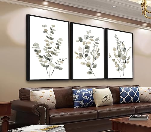 Arte de pared botánico enmarcado grande  Decoración de pared de hojas de eucalipto de 16 x 24 pulgadas, juego de 3 impresiones de pintura de vida