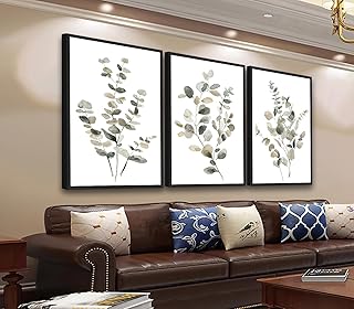Large Framed Botanical Wall Art - Eucalyptus Leaf Wall Decor 16"x24" Set of 3 Taupe Simple Life Painting Prints Minimalist Farmhouse Plant Canvas Pictures for Living Room Bedroom Office Artwork