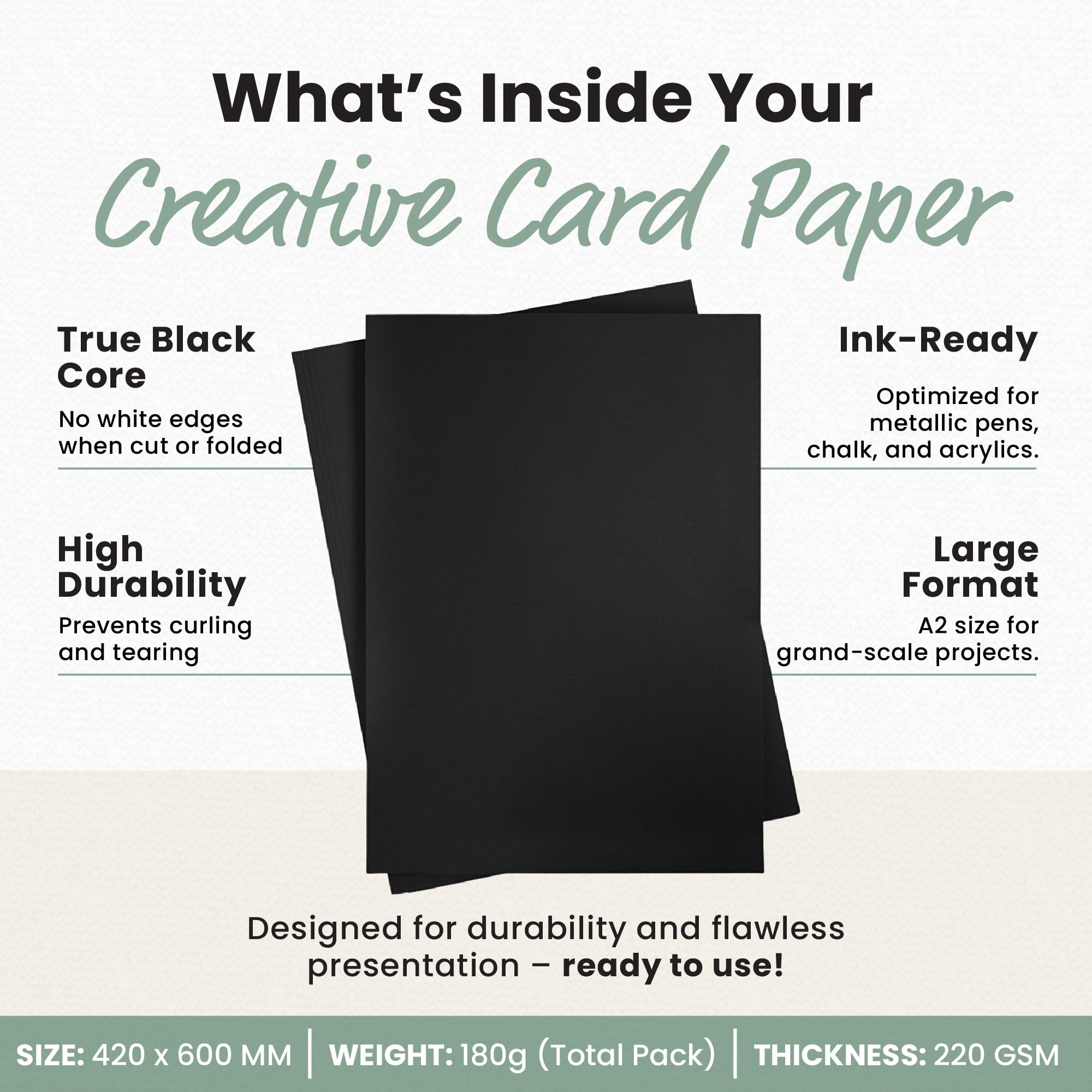 Carta colorata A2 420 x 600 mm, 180 g, nero carbone, 10 fogli