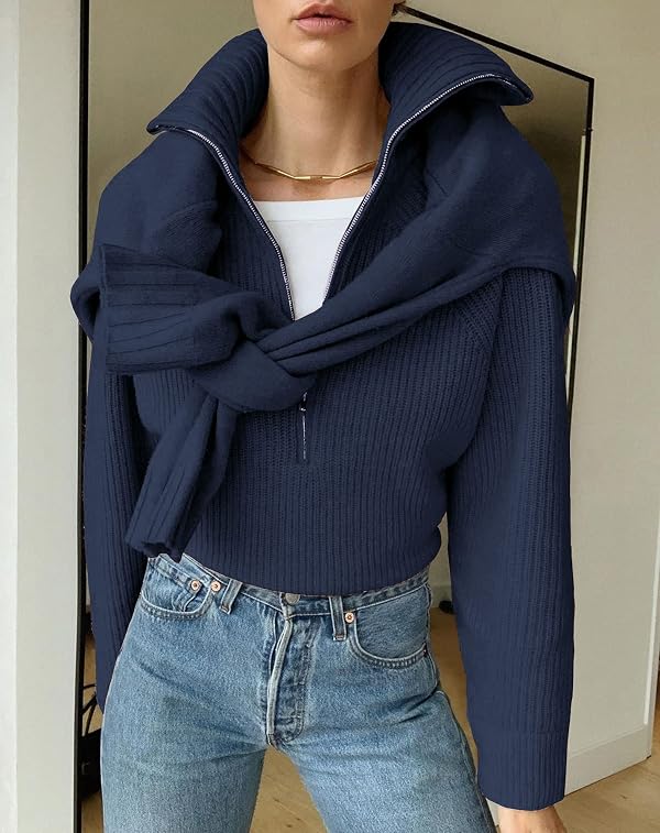 BTFBM Womens Sweaters Quarter Zip Pullover V Neck Collar Long Sleeve Ribbed Knit Loose Casual 2026 Winter Fall Sweater(Denim Blue, X-Large) by BTFBM - Used condition - US$15.81