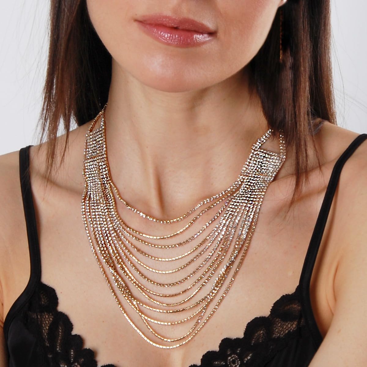 Humble Chic NY Simulated Diamond Statement Necklace for Women - Layered Cubic Zirconia Short Waterfall Chain Necklace - Image 4