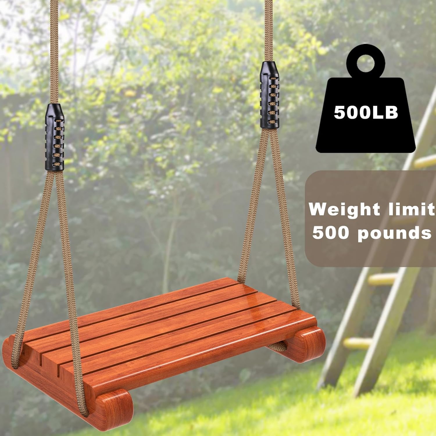 SELEWARE Wooden Swing Seat with Adjustable Rope | Heavy Duty Flat Tree Swing for Adults & Kids, Indoor/Outdoor Playground Swing Set (17.5 x 10.6 Inch)