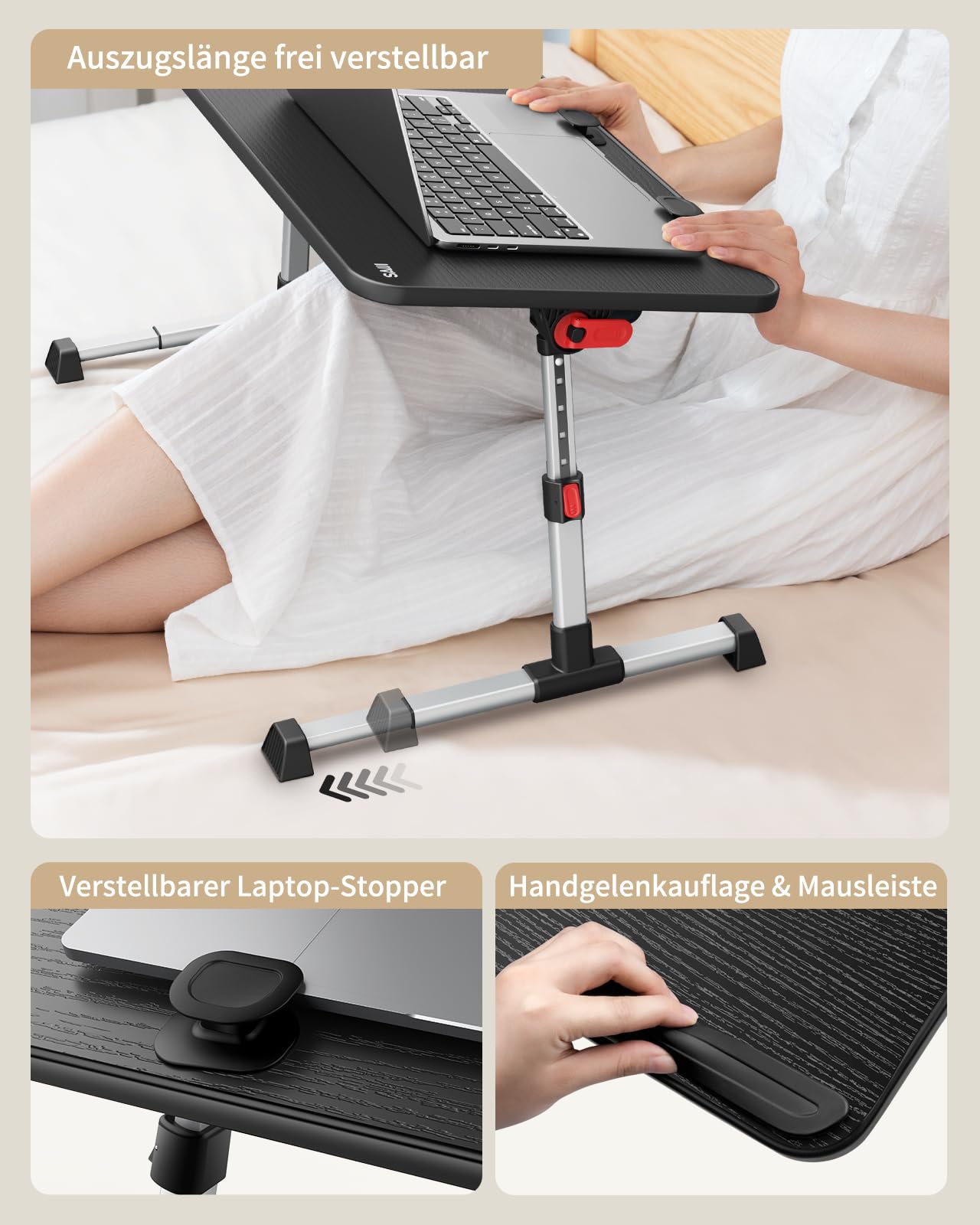 SAIJI Laptoptisch Klappbar, Betttisch - Verstärkte Stabilität, Verlängerte Beine - Höhe & Neigung Flexibel Einstellbar für Bett, Sofa & Couch - Tragfähigkeit bis zu 40 kg, Maße 60x33 cm (Schwarz)
