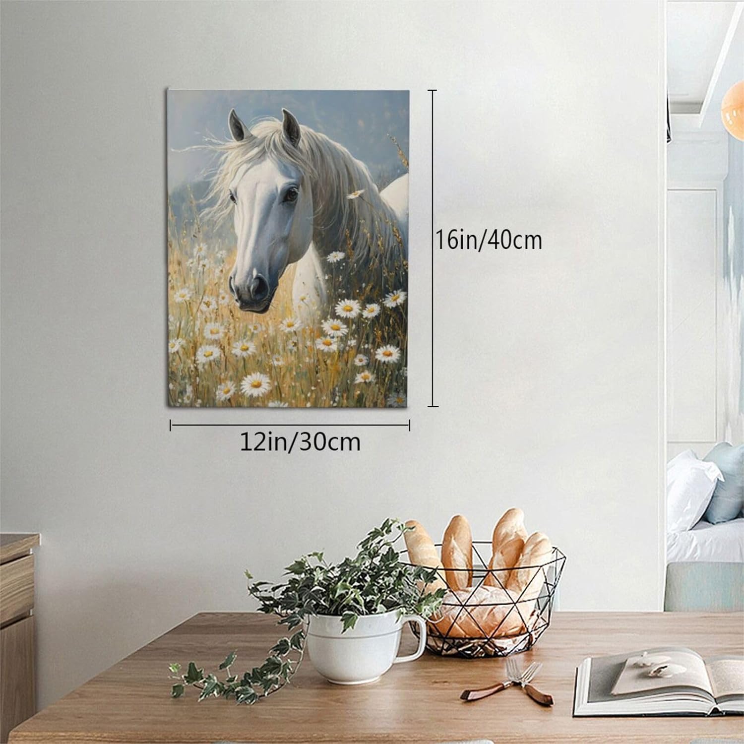 Spaexor Horse Wall Art, White Horse Flowers Pictures Wall Decor, Animal Canvas Prints Painting Frame Artwork for Living Room Bathroom Bedroom