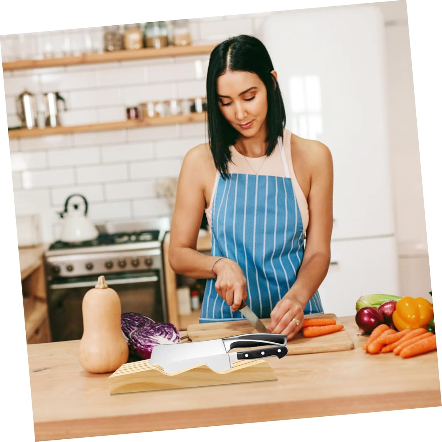 VOSAREA 1Pc Kitchen Knives Storage Rack Wooden Chopper Holder for Space Saving Organization Kitchens Practical Khaki Cutter Storage