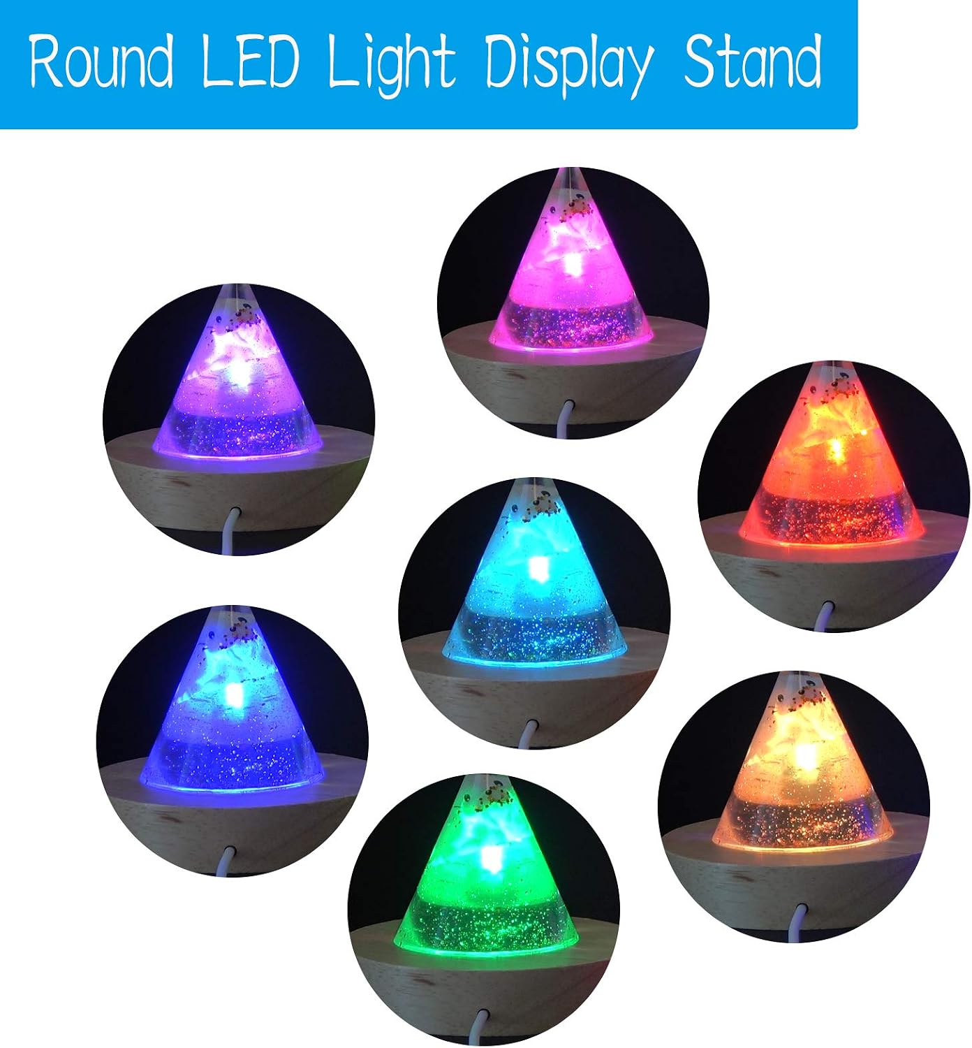 YAKAMOZ LED Lights Display Base,7 Colored Round Wooden Lighted Base Stand for Laser Glass Resin Art(it did not come with a control to change the lights)