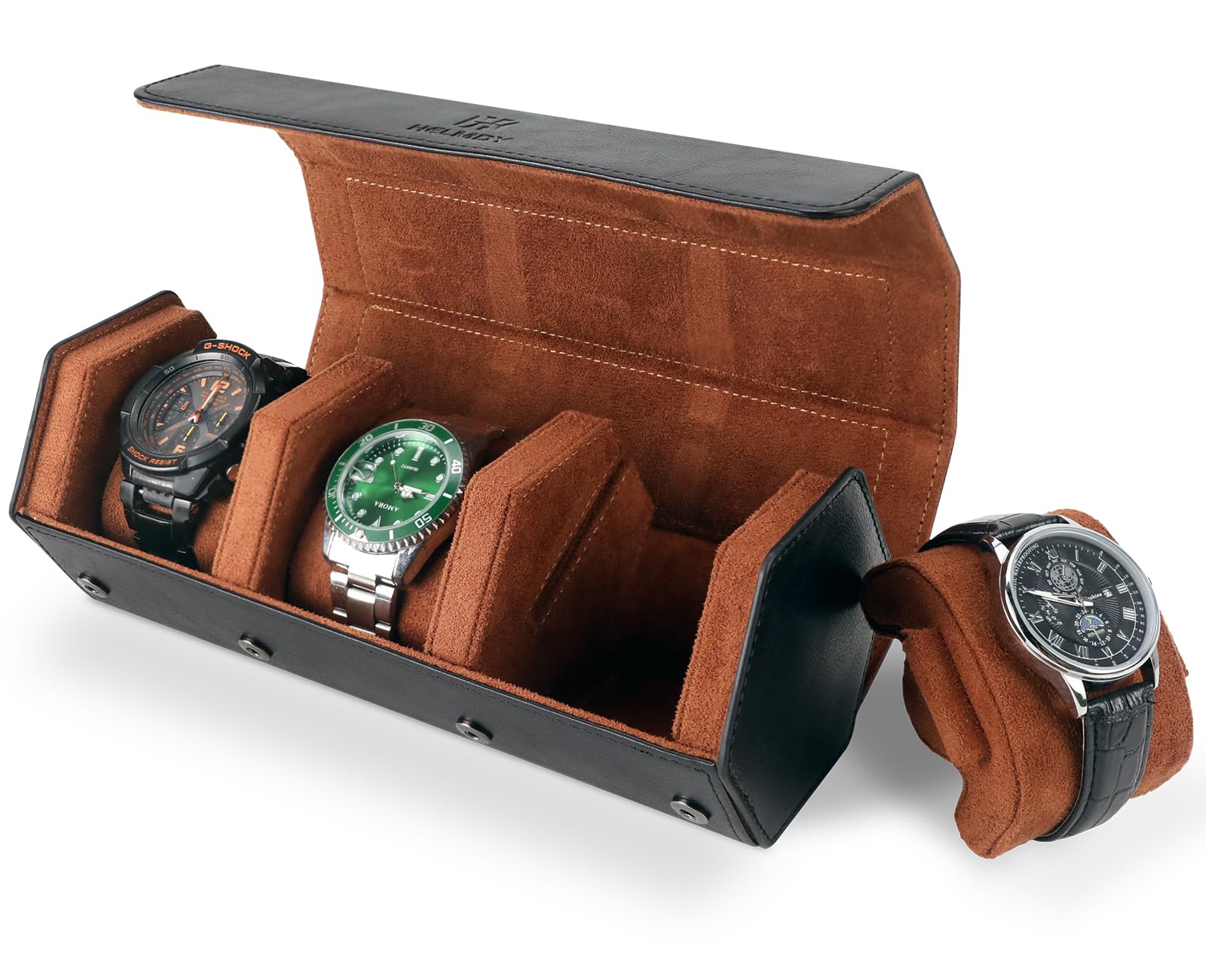 Estuche enrollable de reloj para hombres y mujeres, caja organizadora de relojes con 3 ranuras, almacenamiento hexagonal para 3 relojes, estuche portátil de viaje de piel sintética (negro | Caja de reloj de viaje portátil para reloj de 3, caja de reloj de