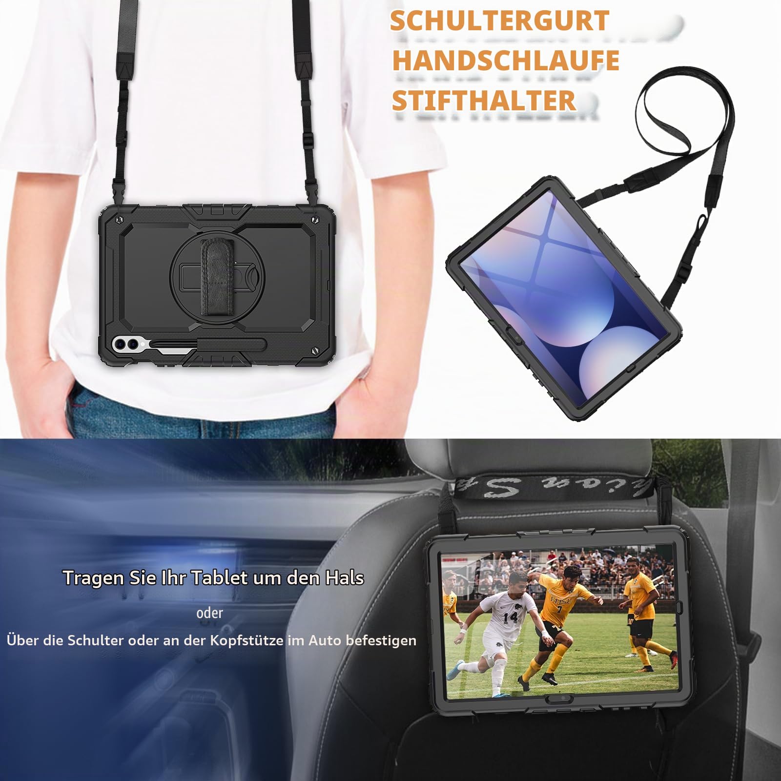 Timecity Hülle für Samsung Galaxy Tab S10+ Plus / S9 FE+ Plus / S9+ Plus | 12,4 Zoll, 2024/2023, mit Stoßfeste Displayschutz, 360° Drehbarem Ständer, Handschlaufe, Schultergurt, Stifthalter, Schwarz