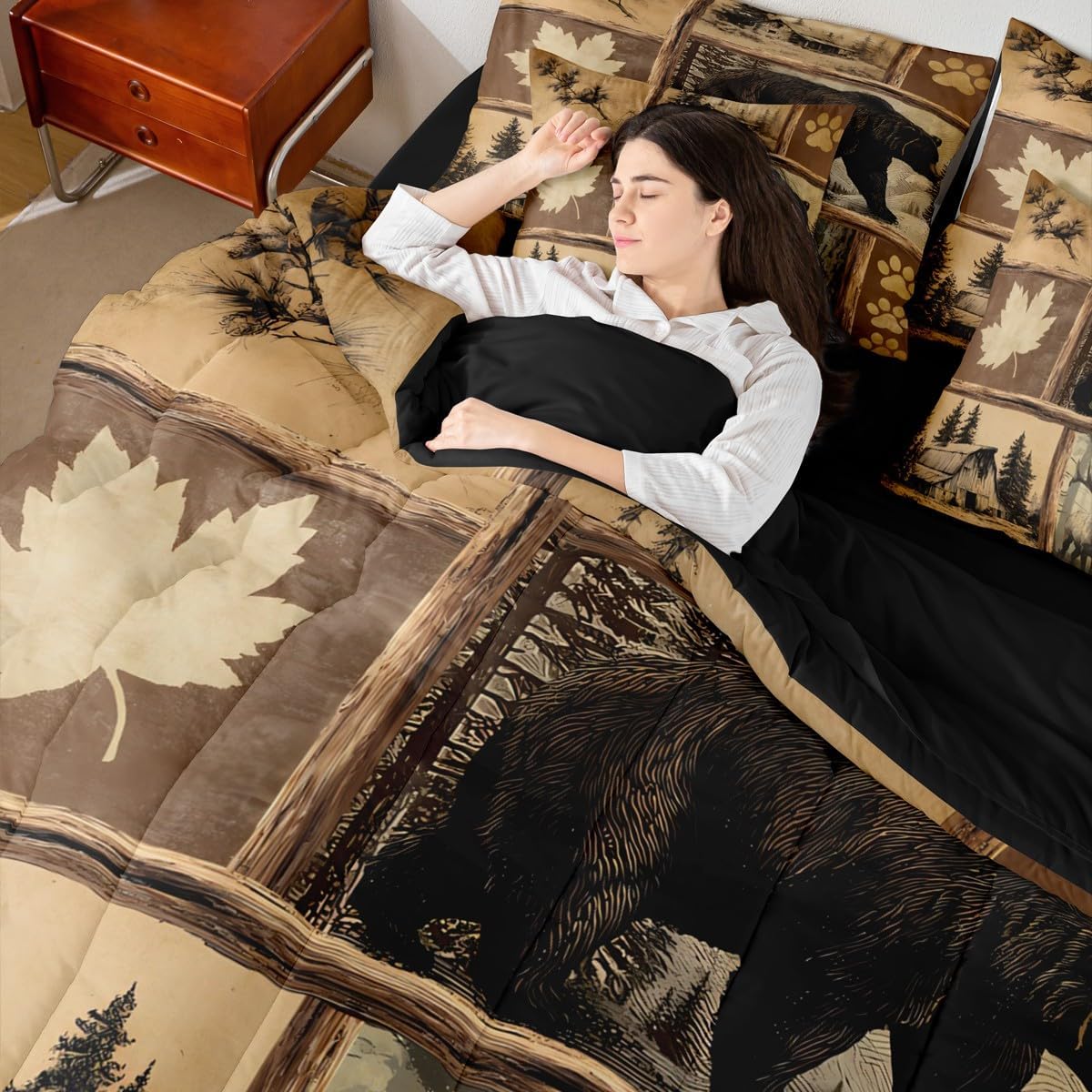 Erosebridal Rustic Farmhouse Queen Bedding Set 7 Piece Retro Western Cabin Lodge Bed in A Bag with Sheets Hunting Bear Deer Pattern Comforter Set for Kids Adults,Maple Leaves Woodland Check Bed Sets