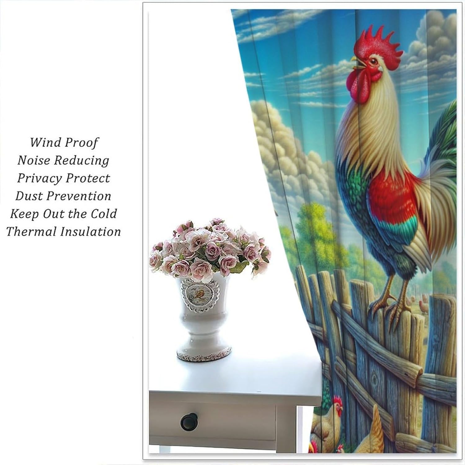Funny Chicken Curtains,Country Farm Animals Rooster Themed Vintage Red Wooden Cabin Blackout Rod Pocket Window Curtain,for Classroom Living Room Bedroom Kitchen Cafe Farmhouse 42" W X 45" L