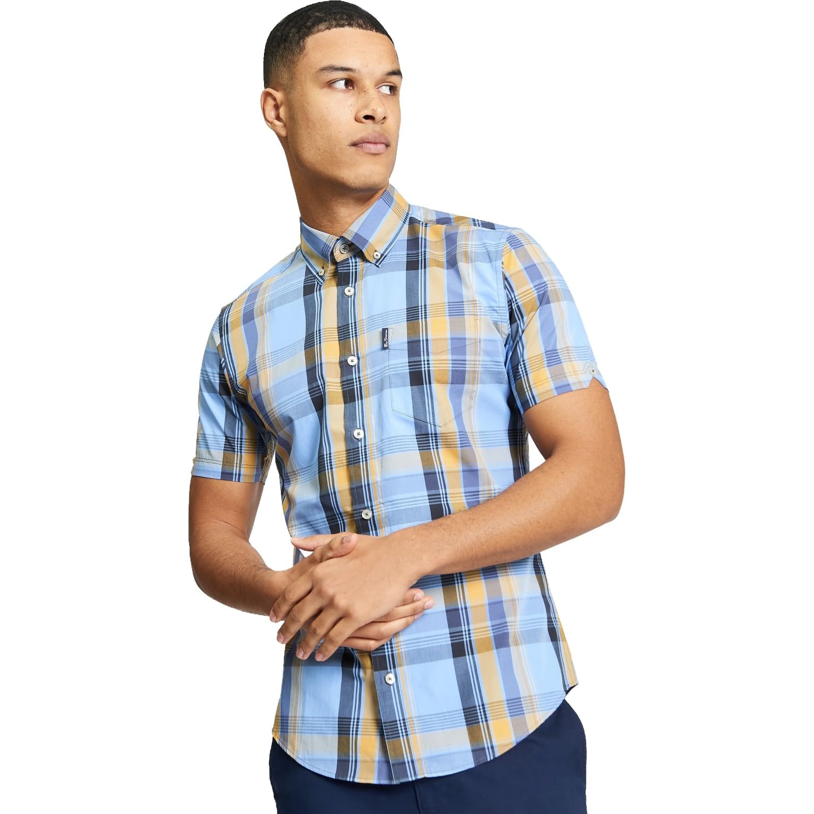 Ben Sherman Men's Lake Blue Block Check Short Sleeved Shirt (Uk, Alpha, 3XL, Regular, Regular, )