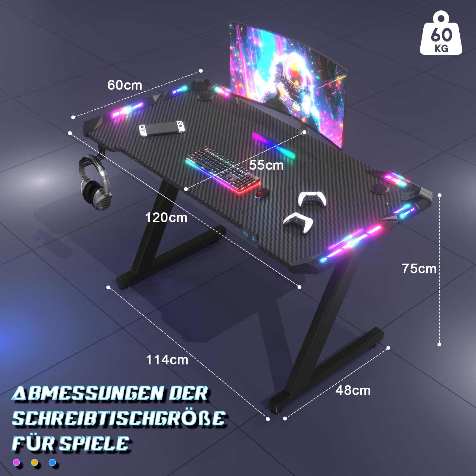 JUMMICO Gaming Tisch mit LED-Beleuchtung, RGB Gaming Tisch, Stabiler Computertisch für Homeoffice und Gamer,Gaming Schreibtisch mit Kopfhörerhalterung und Getränkehalter, 120 x 60 cm, Schwarz