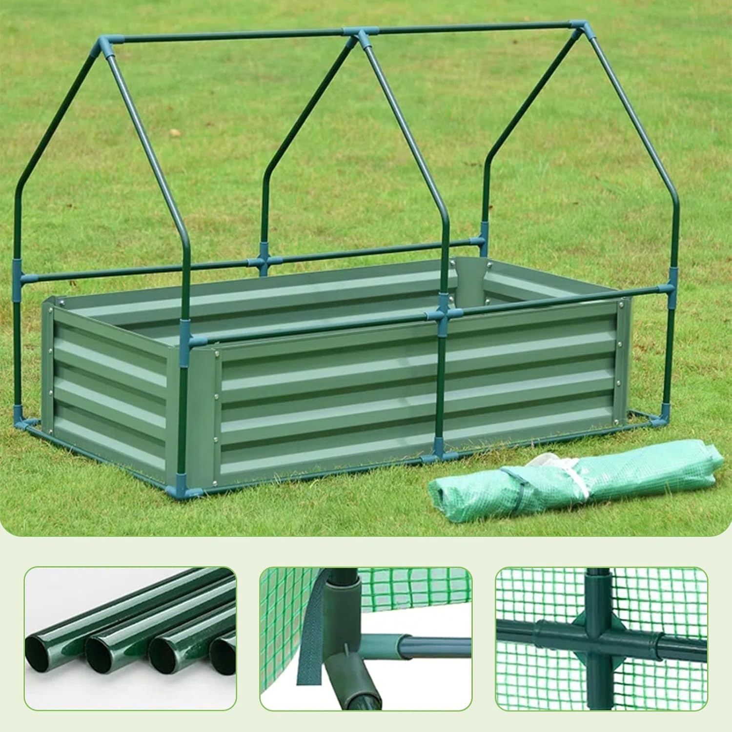 BPS Raised Garden Bed Set, 4x2x1 FT Metal Bottomless Flower Bed with PE Cover for Outdoor Planting, Green