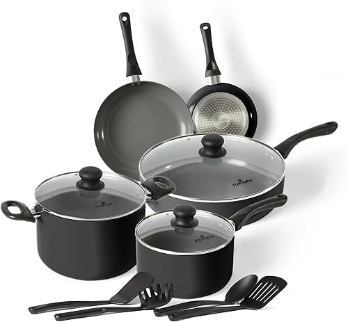 Flamingpan Juego de ollas y sartenes antiadherentes de 12 piezas, utensilios de cocina con revestimiento de cerámica, aptos para lavavajillas, juego