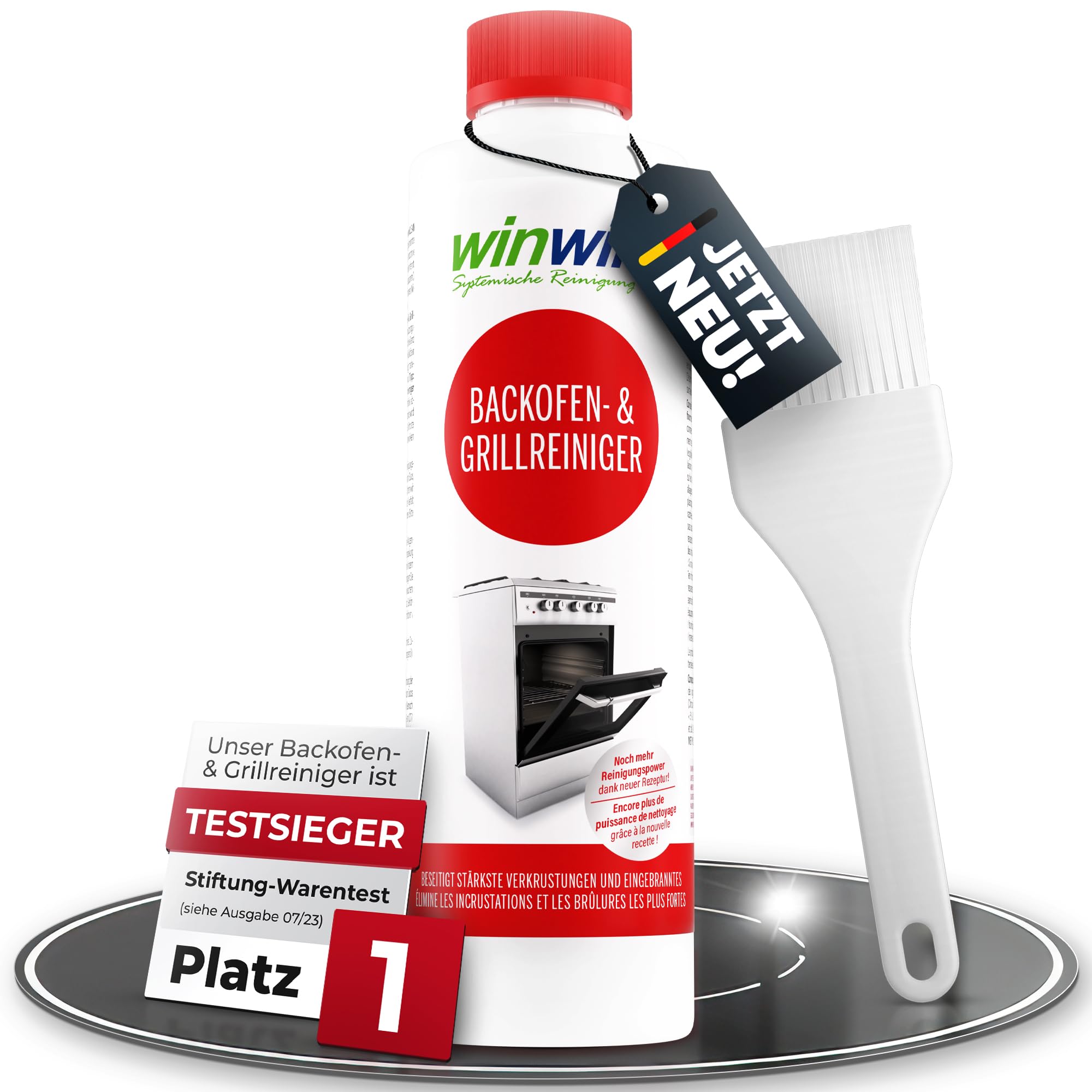 winwinCLEAN® Backofenreiniger & Grillreiniger mit Pinsel [Testsieger Stiftung Warentest] Starker Intensivreiniger & Fettlöser für hartnäckige Ablagerungen I Backofen, Gasgrill, Ceranfeld – 0,5L