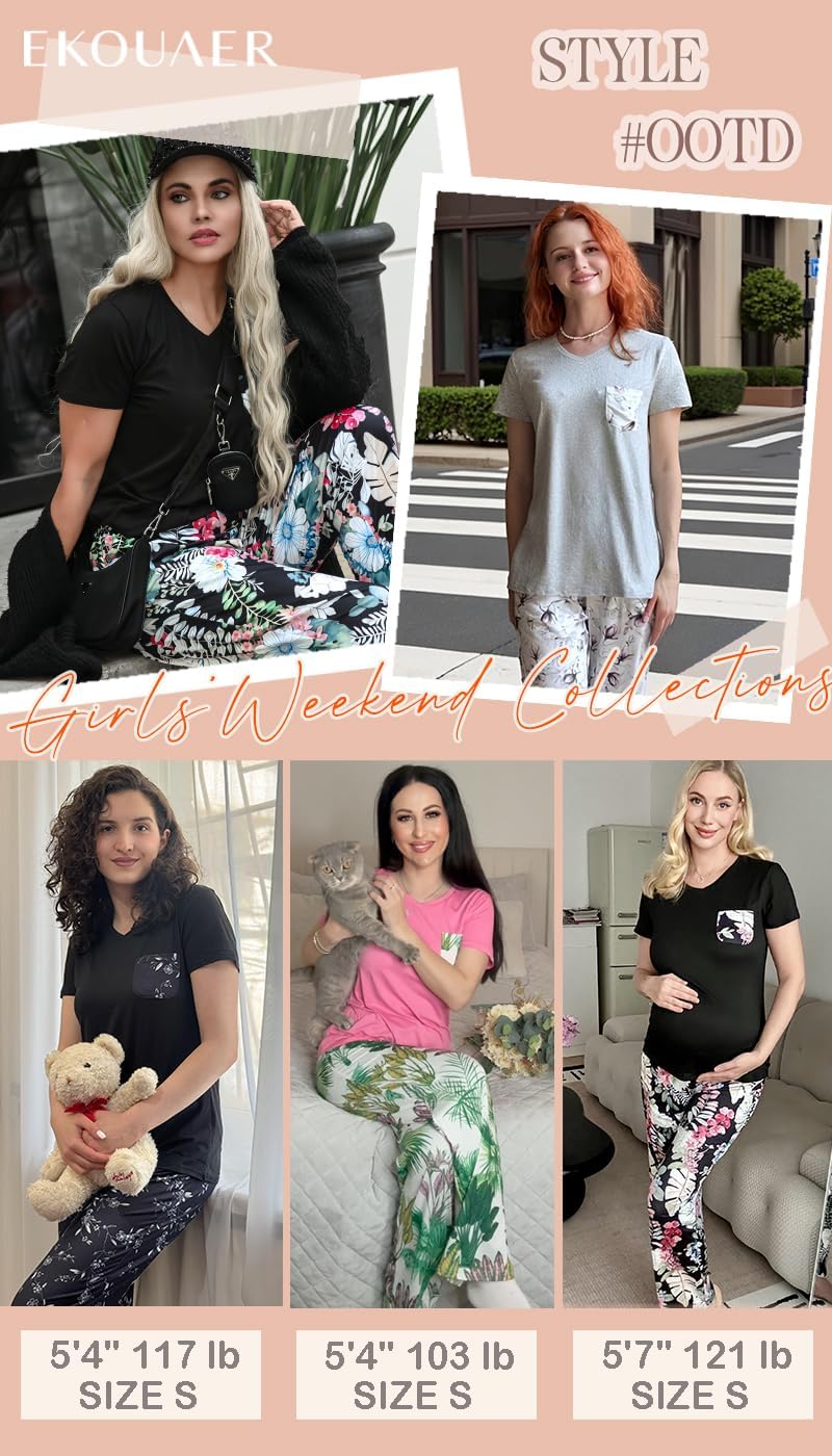 Ekouaer Pajama Sets for Women Short Sleeve Pj Set V Neck Sleepwear Chest Pocket with Long Pants Casual Loose Loungewear - Image 2
