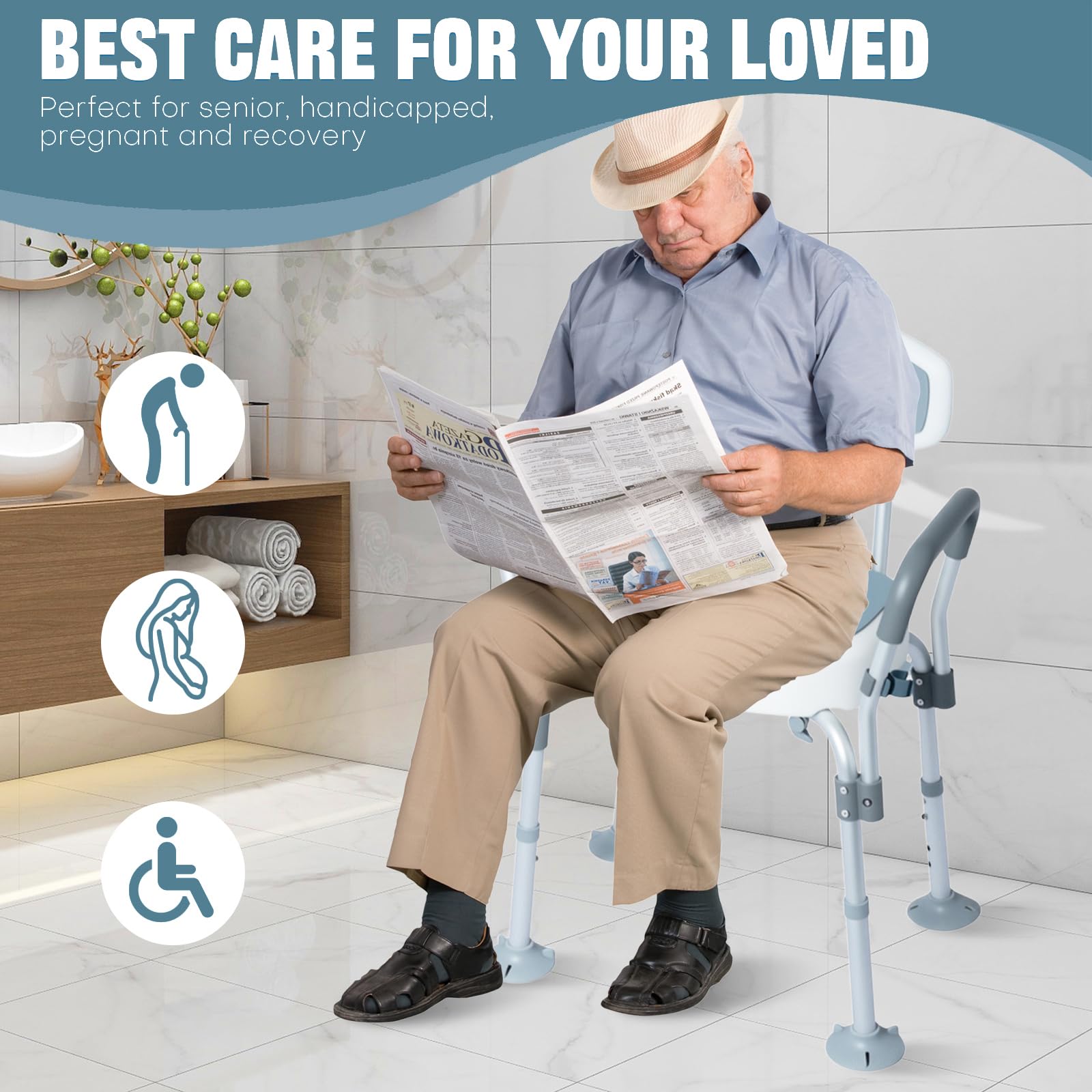 Taburete de Ducha para Personas Mayores, Silla para Ducha Antideslizante Silla de Baño Aluminio Altura Ajustable con Brazo Extraíble, hasta 136 kg