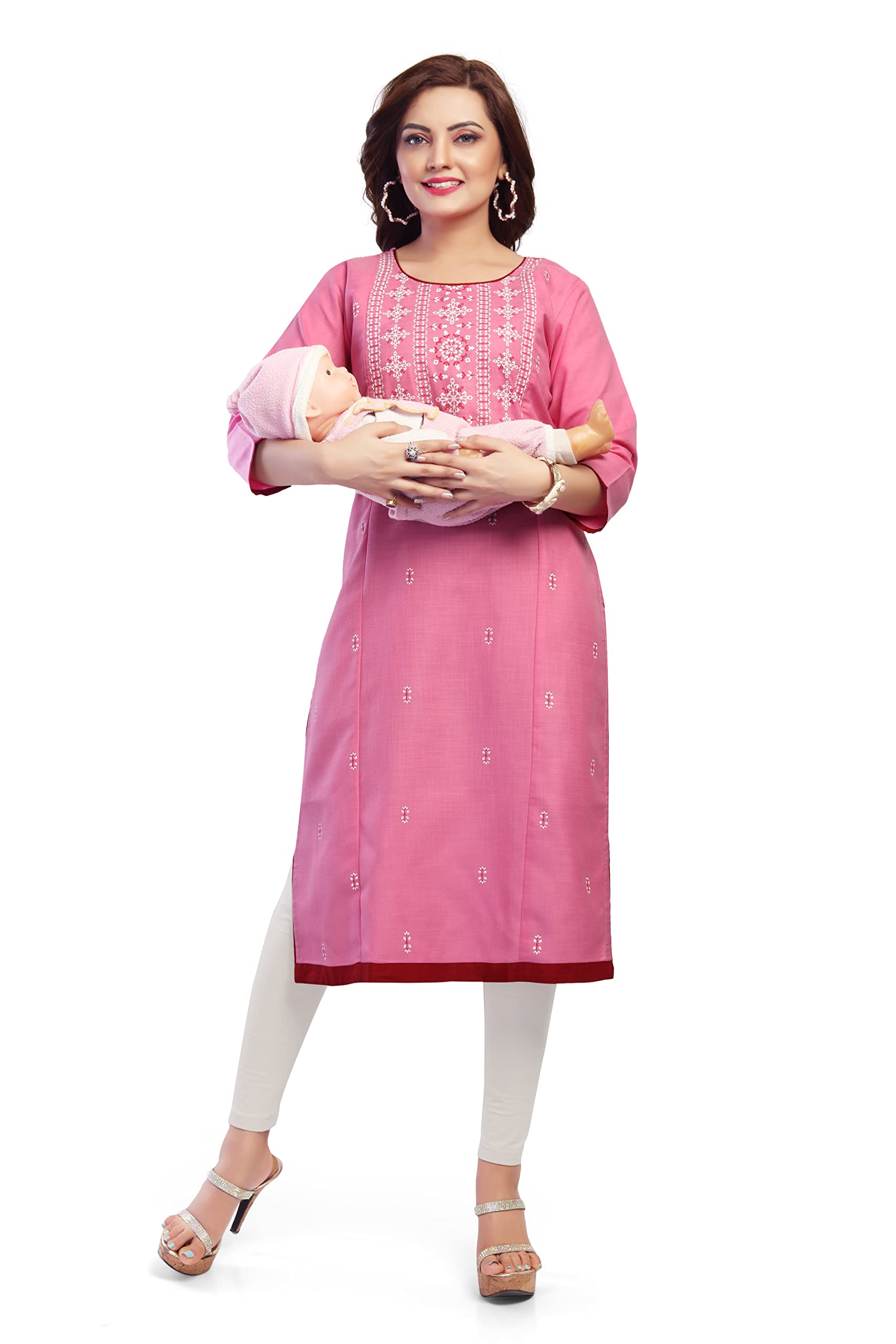 Mom&BaeWomen's Printed Straight Maternity & Feeding Kurti with Concealed Zip