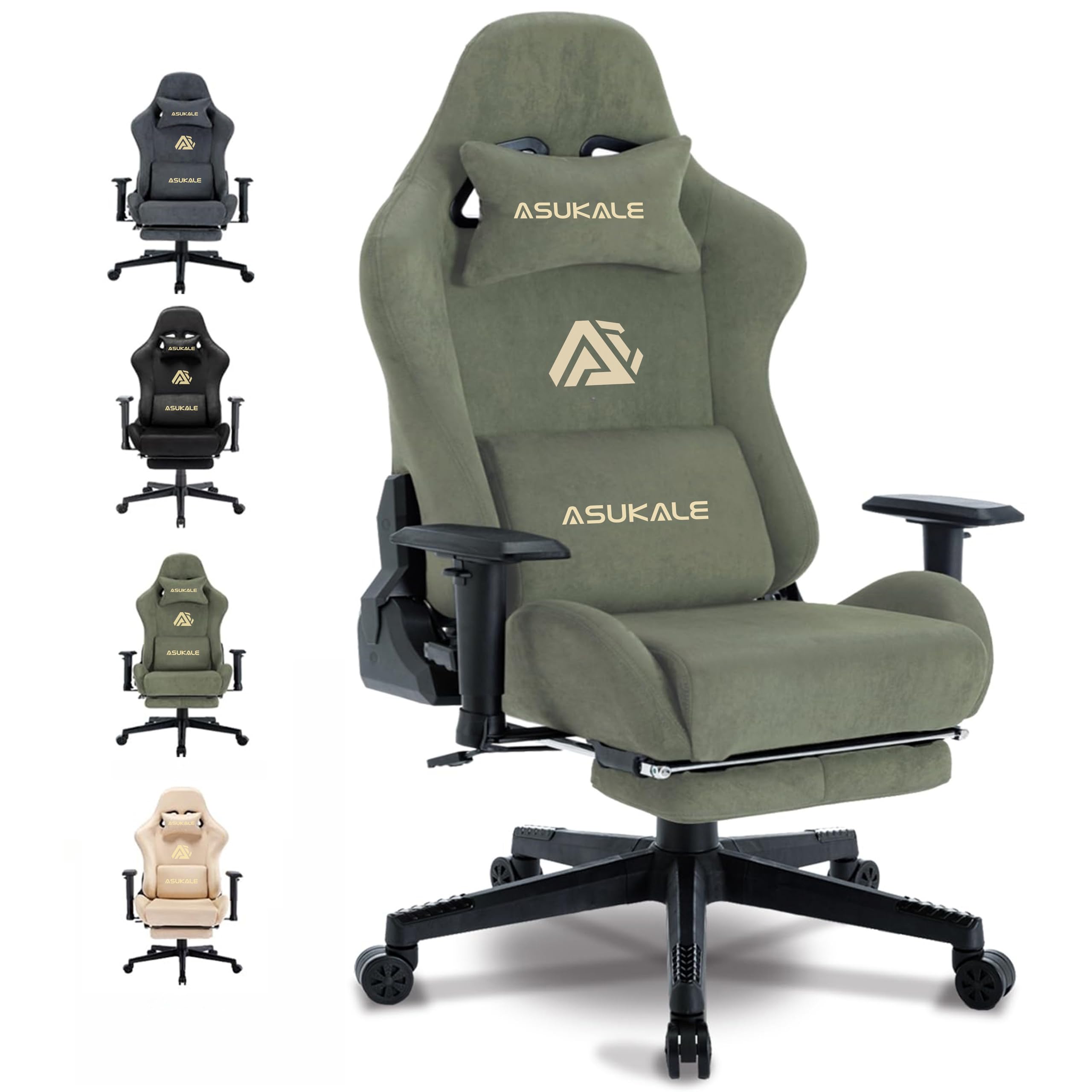 Asukale Gaming Stuhl, Atmungsaktiver Bürostuhl Ergonomisch, Wildlederimitat Gaming Chair, PC-Stuhl, Verstellbarer und Drehbarer Schreibtischstuhl mit Fußstütze, Kopfstütze und Lendenkissen, Grün