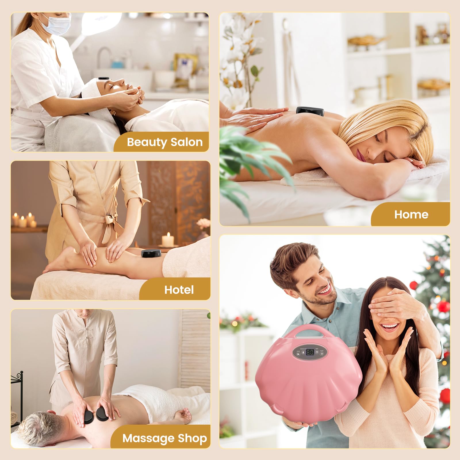 Kit de masaje de piedra caliente, juego de piedras de masaje basalto con caja térmica portátil, calor terapéutico de 3 niveles con temporizador para uso doméstico, terapia de masaje, spa, relajación