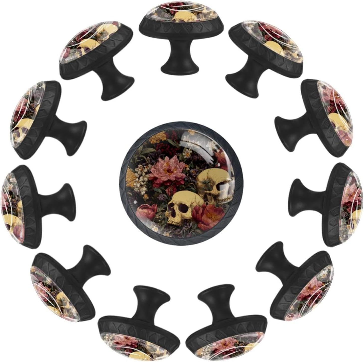 Black Base Flowers and Skulls (3) Furniture Knobs, Sturdy Cabinet Pulls with Screws for Home Renovation