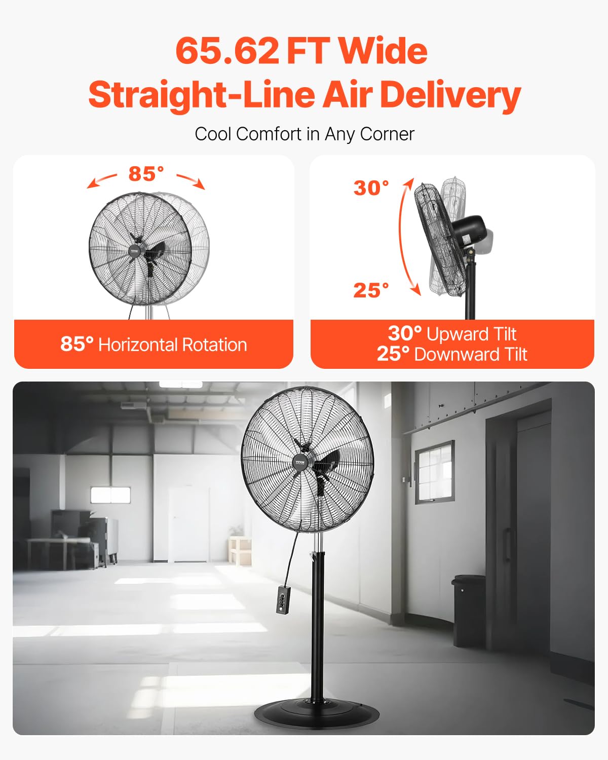 VEVOR Ventilador Oscilante de Pedestal 67 cm, Altura Ajustable de 131 a 193 cm Ventilador de Pie 3 Velocidades de Alta Potencia, para Sala de Estar, Hogar, Oficina, Negro, 670 x 600 x 1930 mm
