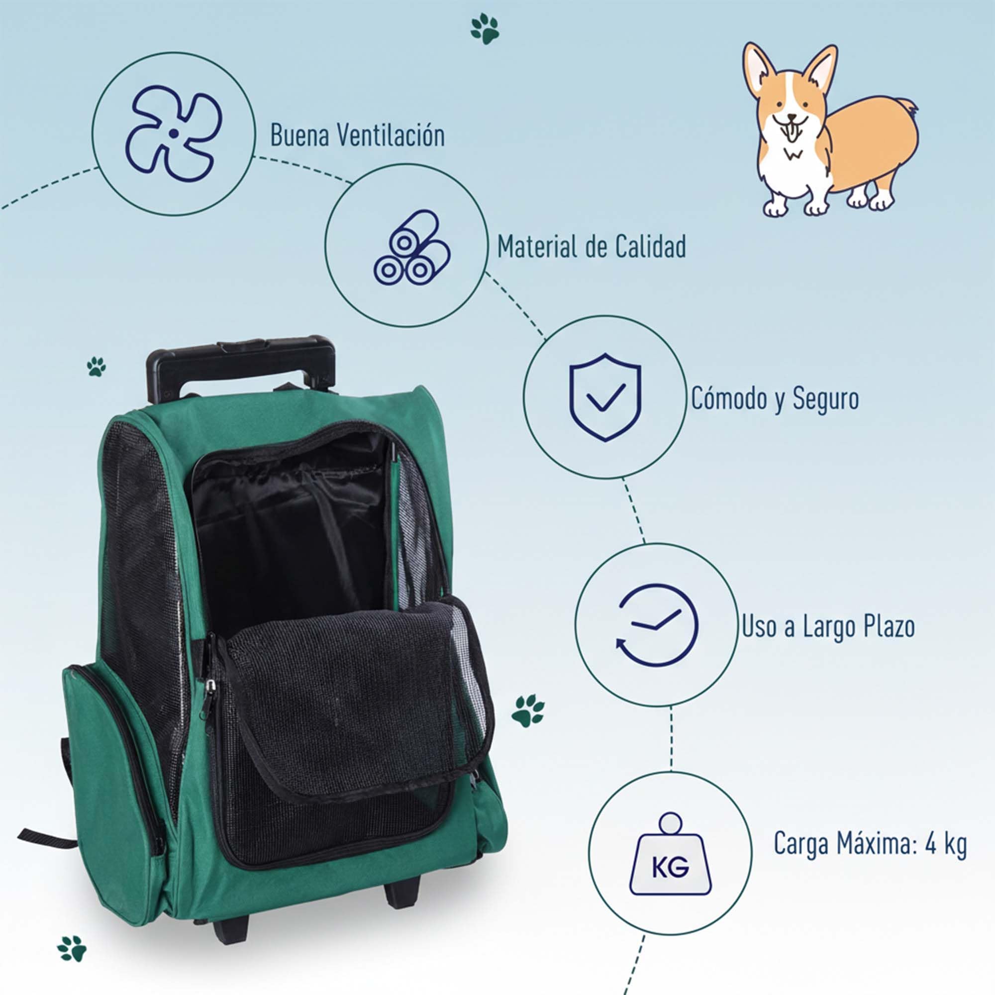 PawHut Transportín 2 en 1 para Mascotas Mochila o Carrito de Viaje para Perro y Gato con 2 Ruedas con Asa retráctil de Aluminio y Bolsillos 42x25x55 cm Verde