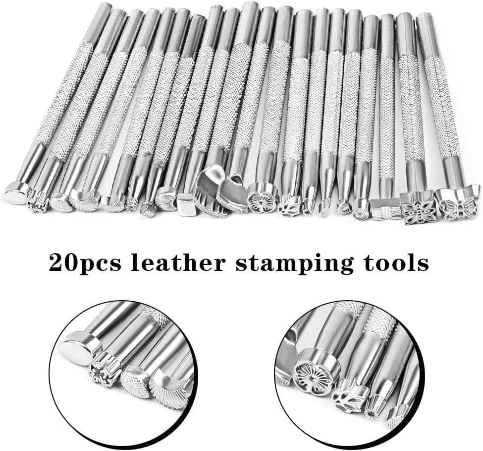 20 Pcs Leather Stamping Tools Sets, Different Shape Pressing Punch Sets, Quality Carving Leather Craft Tools for DIY Beginners and Professionals