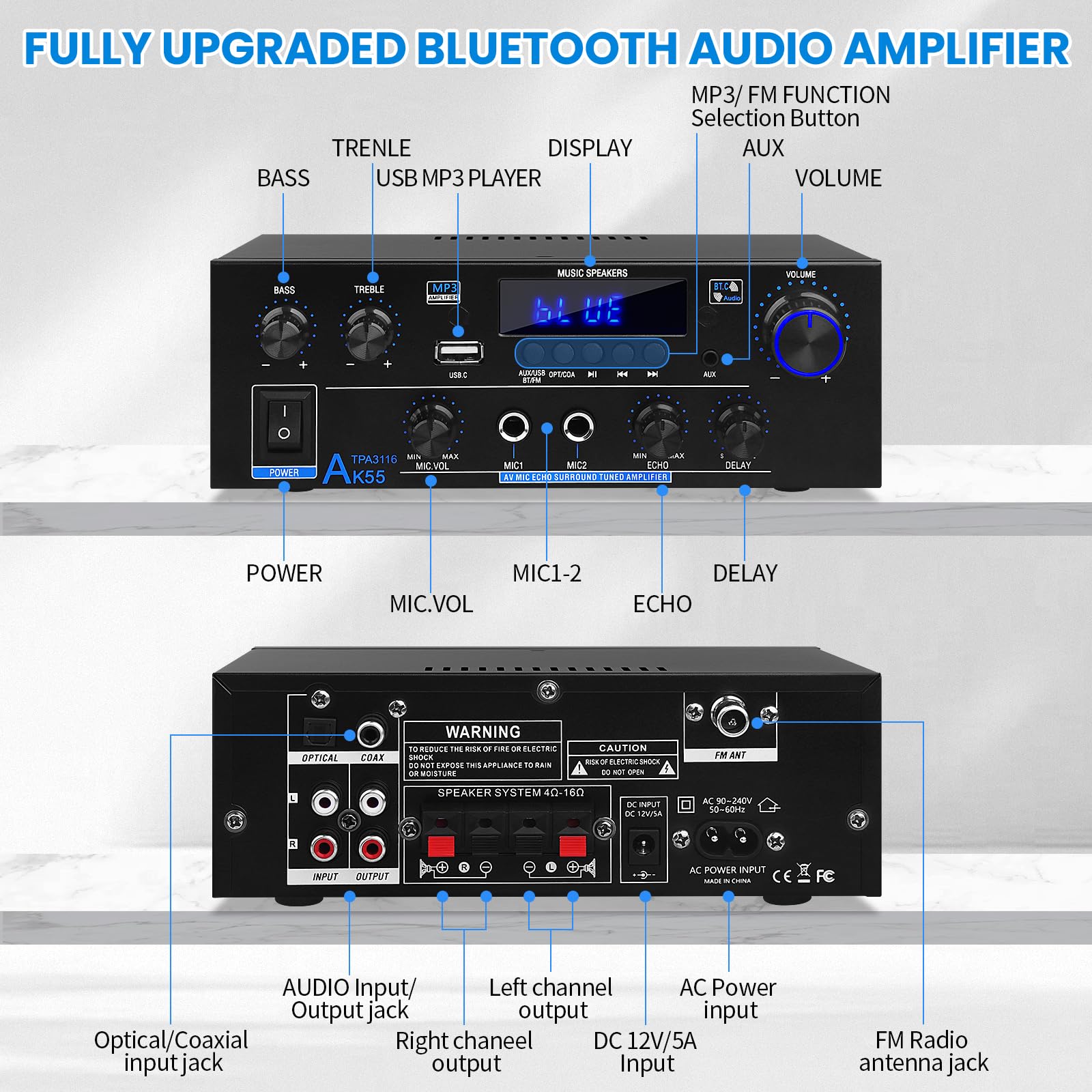 Amplificatore HiFi AK55 Bluetooth Stereo Audio Amplificatore Ricevitore 2 Canali 70WX2 Max. 600W Amplificatore audio digitale 12V/220V per casa o auto