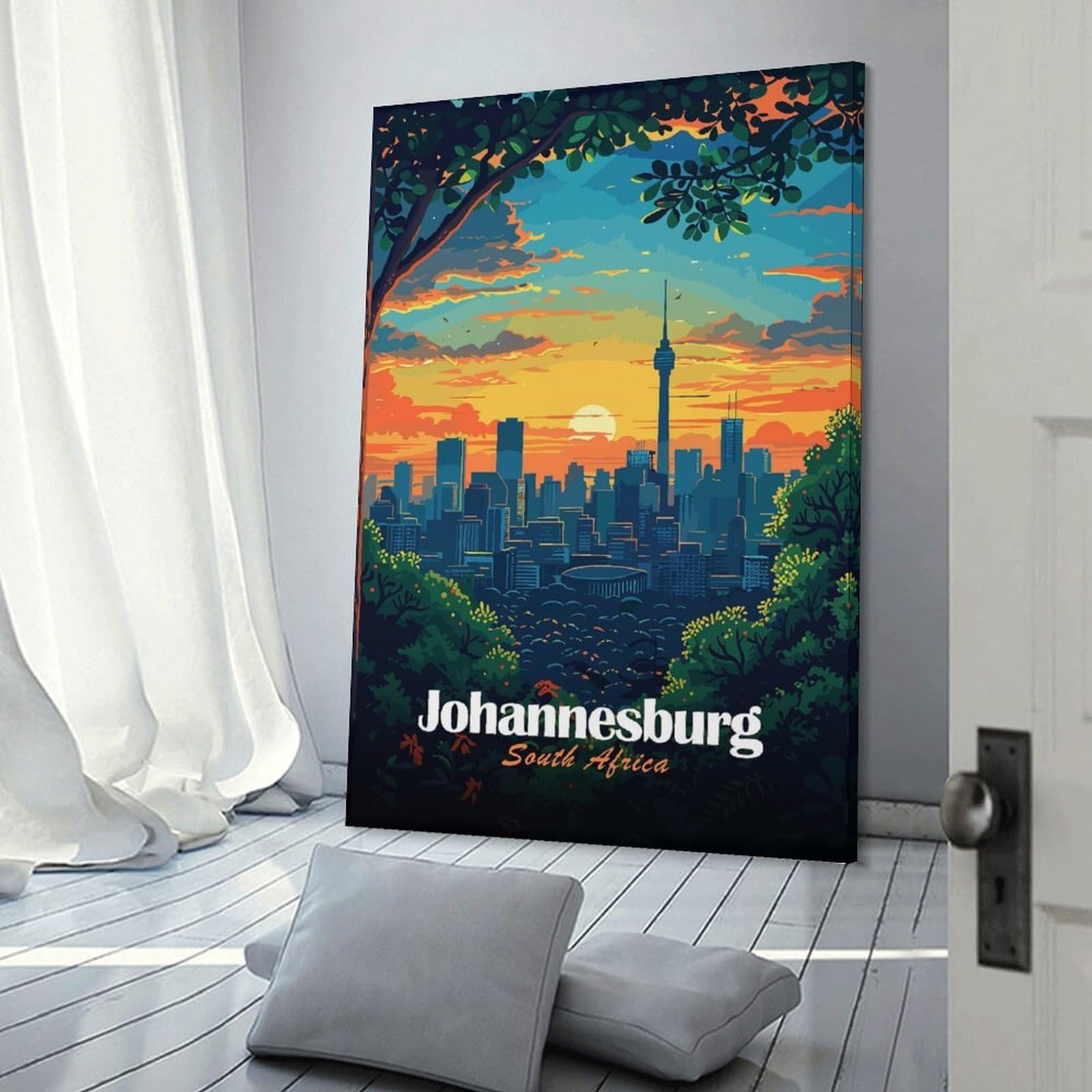 Junmoney Johannesburg South Africa Cityscape Illustration Home Decor Wall Art, 20x30inch(50x75cm), for Home, Office, Studio Or Guest Room, An Adaptable Decor Piece for Home Use