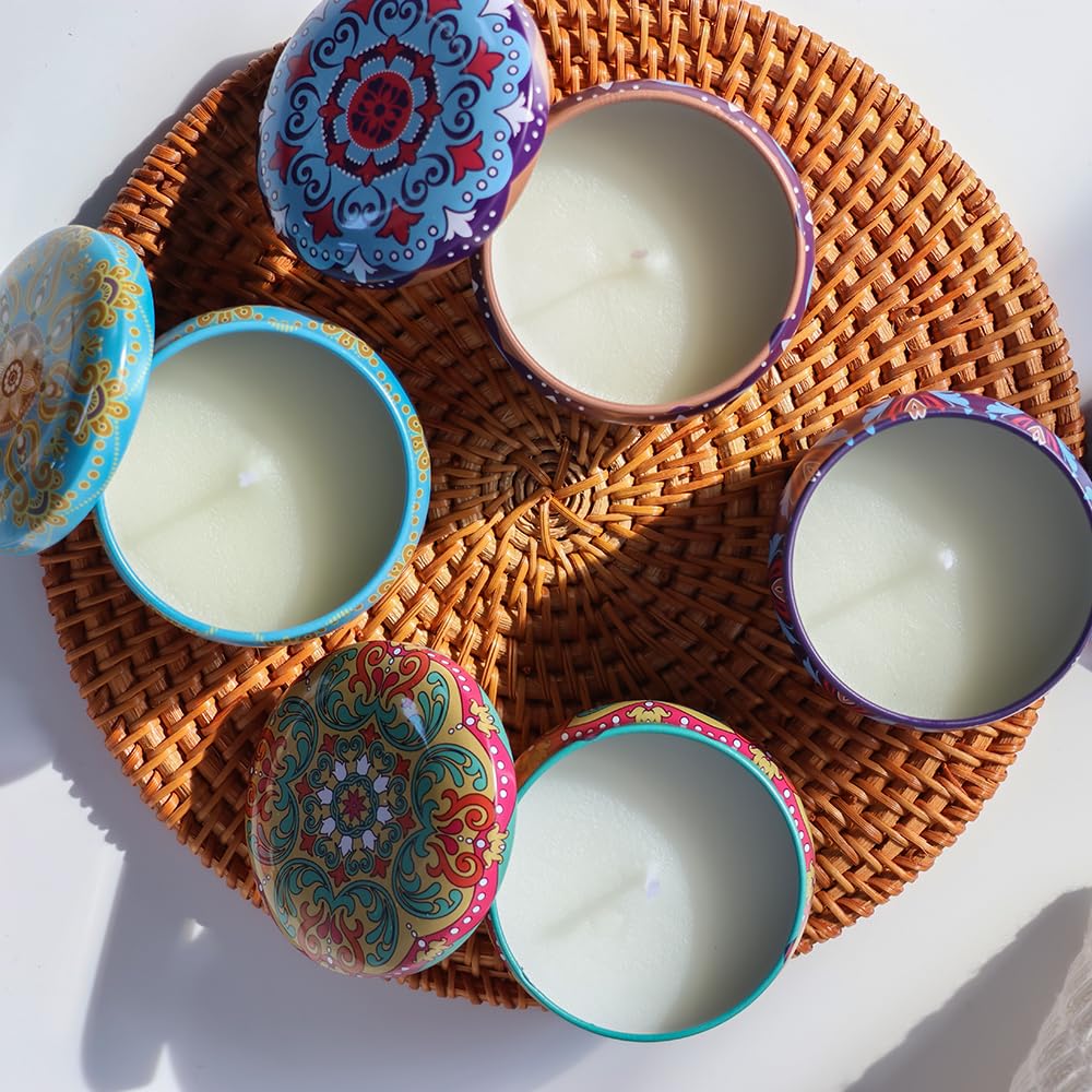 Pack de 6 a 30 uds, Velas aromáticas, diseño mandala oriental en lata metálica, 6 x 4 cm, Colores surtidos, Detalles para invitados, Regalantes (24)