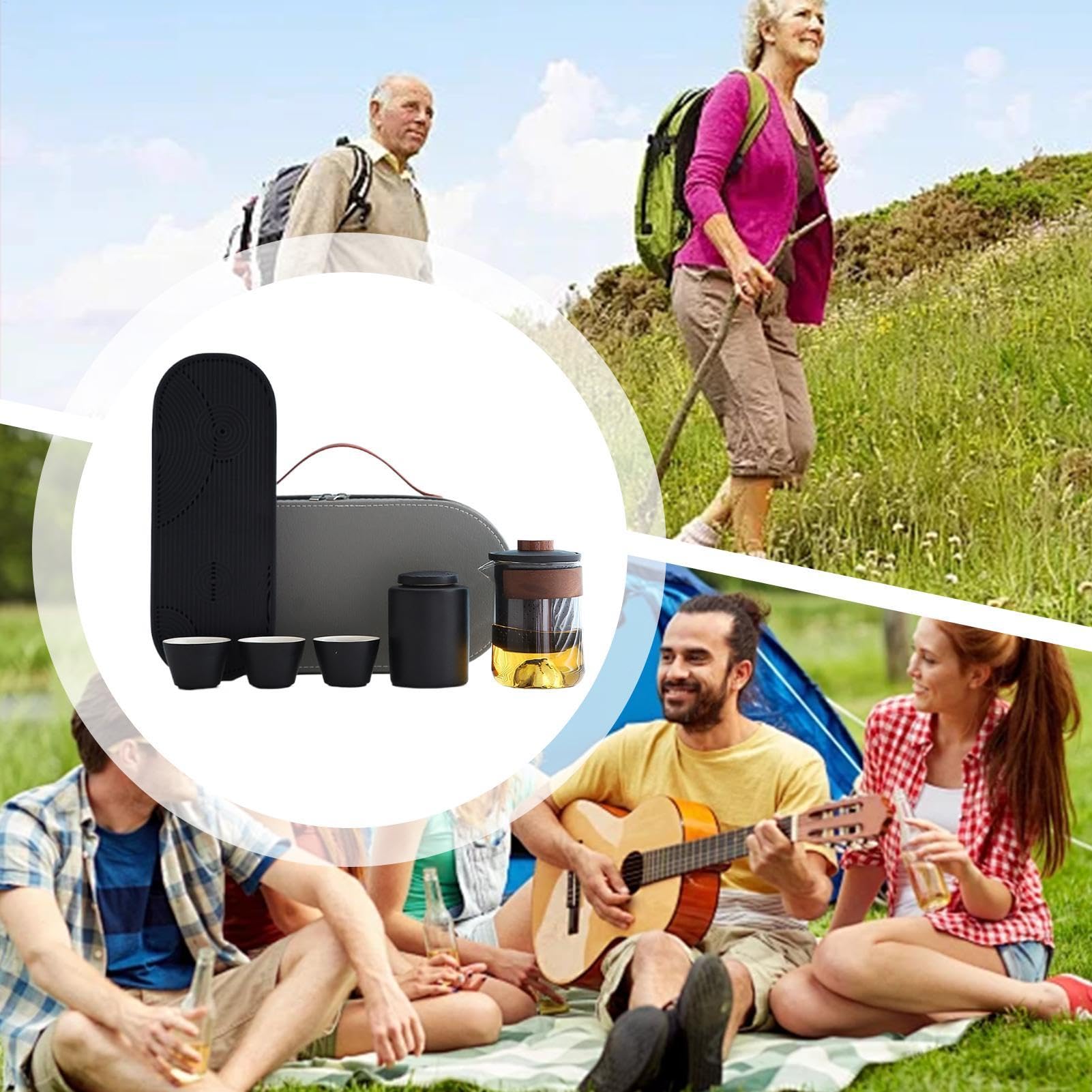 Juego de Té de Viaje con de - Juego de Té Resistente al Calor, Juego de Té | Compacto Portátil Con, Colador De Té, Bandeja De Té, 3 Tazas Y Bolsa De Almacenamiento Para Acampar
