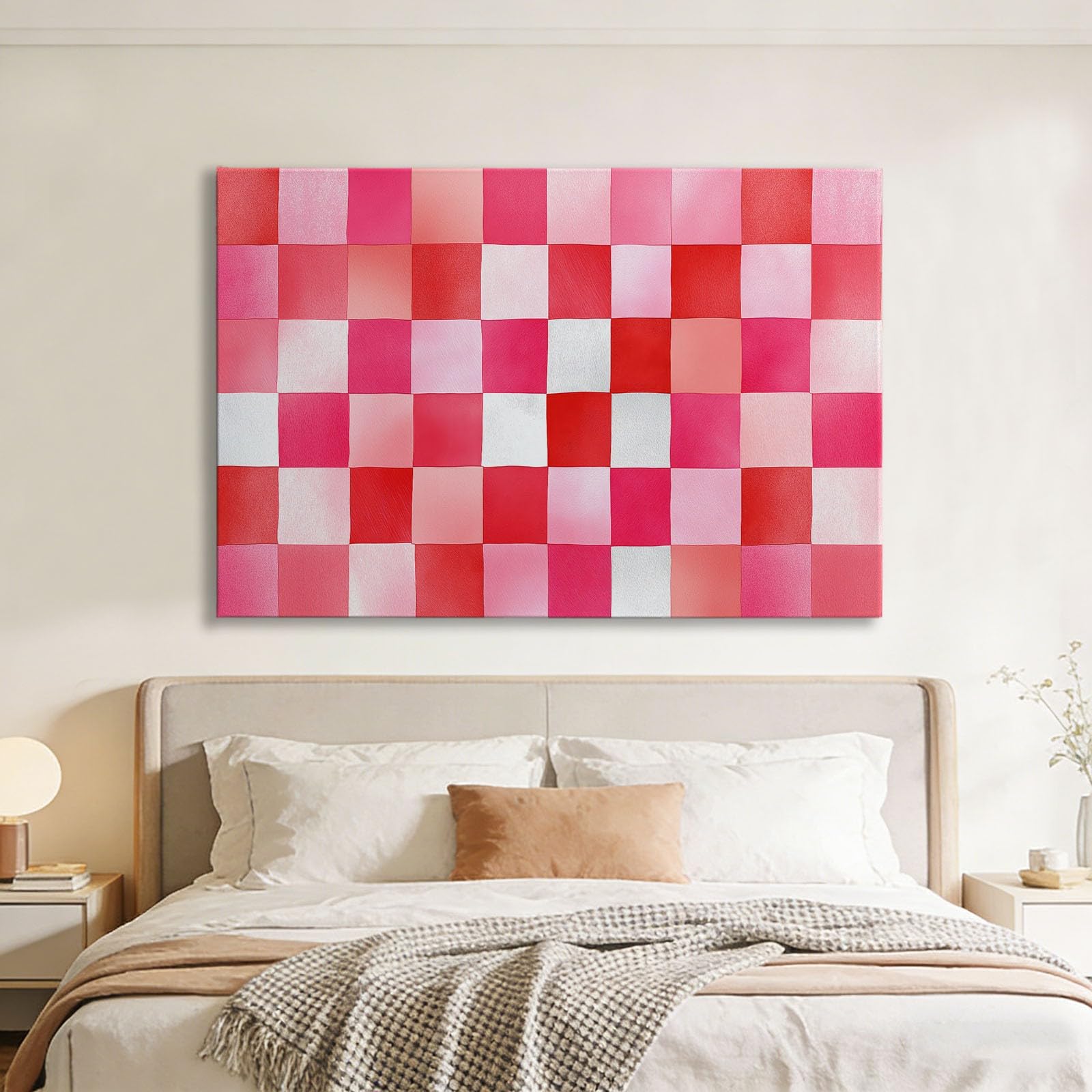 Aquarell Minimalistisch Geometrisch Karo Gerahmt Leinwand Bilder, Rosa Wandbilder Kunstdruck Wandbild Keilrahmenbild Wanddekoration für Wohnzimmer Schlafzimmer Mit Rahmen 120 x 80 cm