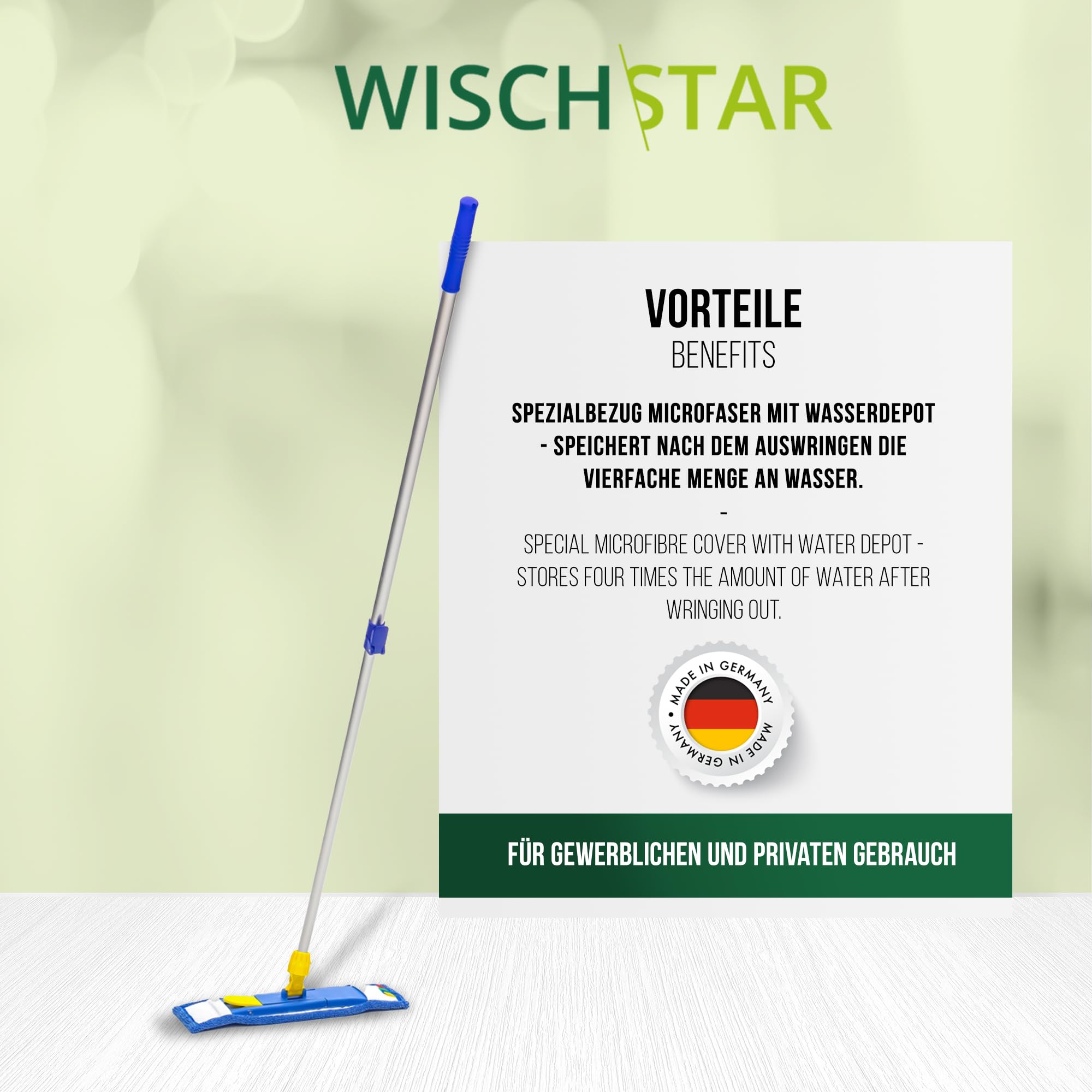 Wisch-Star Wischmopp-Set 50 cm mit verstellbarem Stil 70-140cm | Mit Teleskopstil, Microfaserbezug und Magnetklapphalter, Profi-Qualität für gründliche Reinigung, langlebig & robust