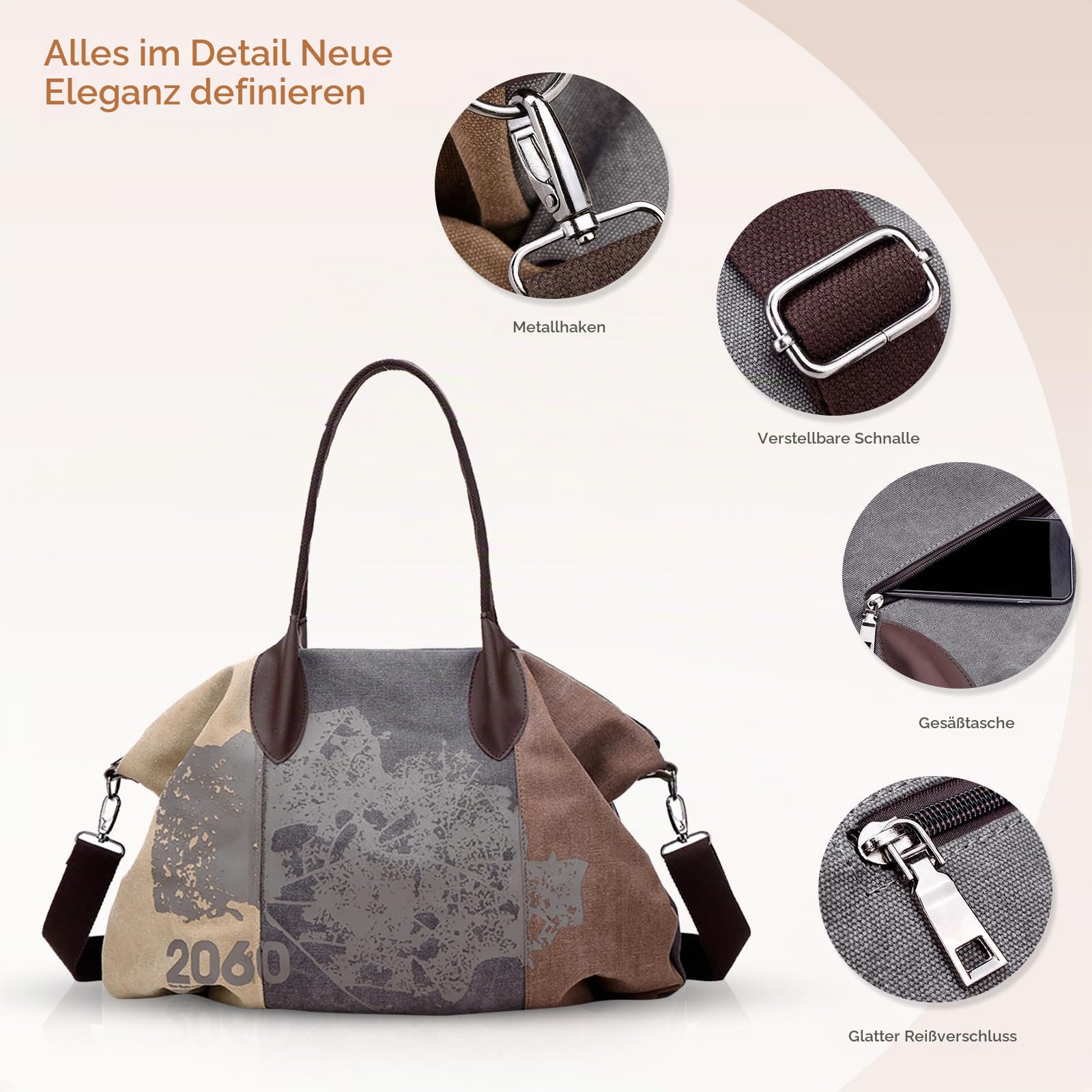NICOLE & DORIS Canvas Damen Handtasche Henkeltaschen Tragetaschen für Frauen große Schultertasche Damen Hobo Tasche Braun