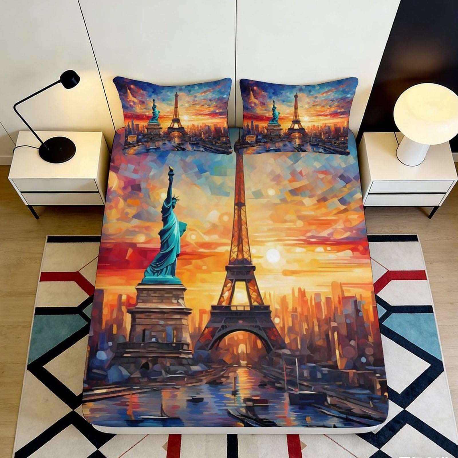 Dhbaneiok Style-8 3D Printed Eiffel Tower Sunset Fitted Sheet Microfiber Soft Statue Of Liberty Mattress Cover For Bedroom Decor 90X200x25cm