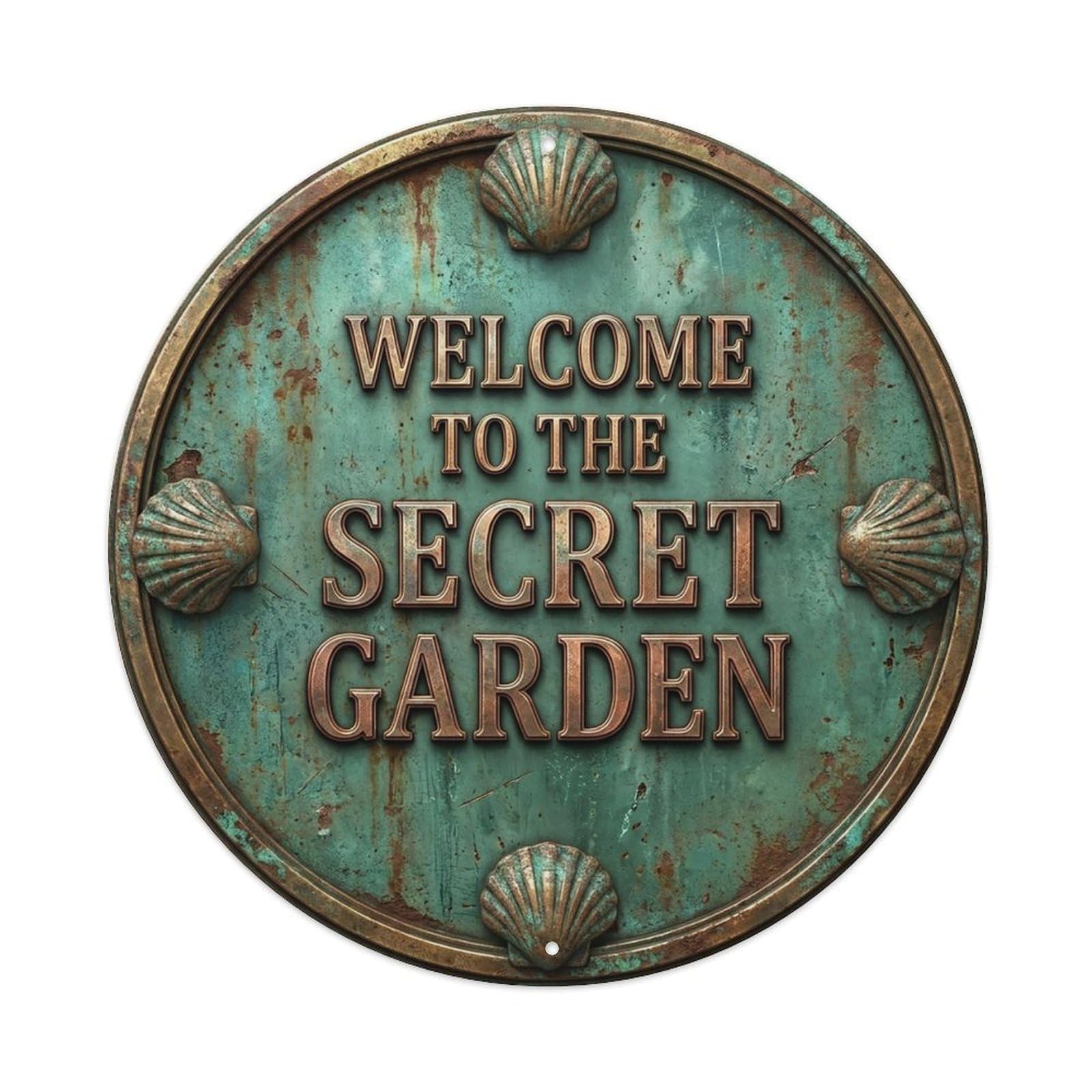 Vintage Welcome Secret Garden Bronze Aquamarine Worn Metal Tin Sign