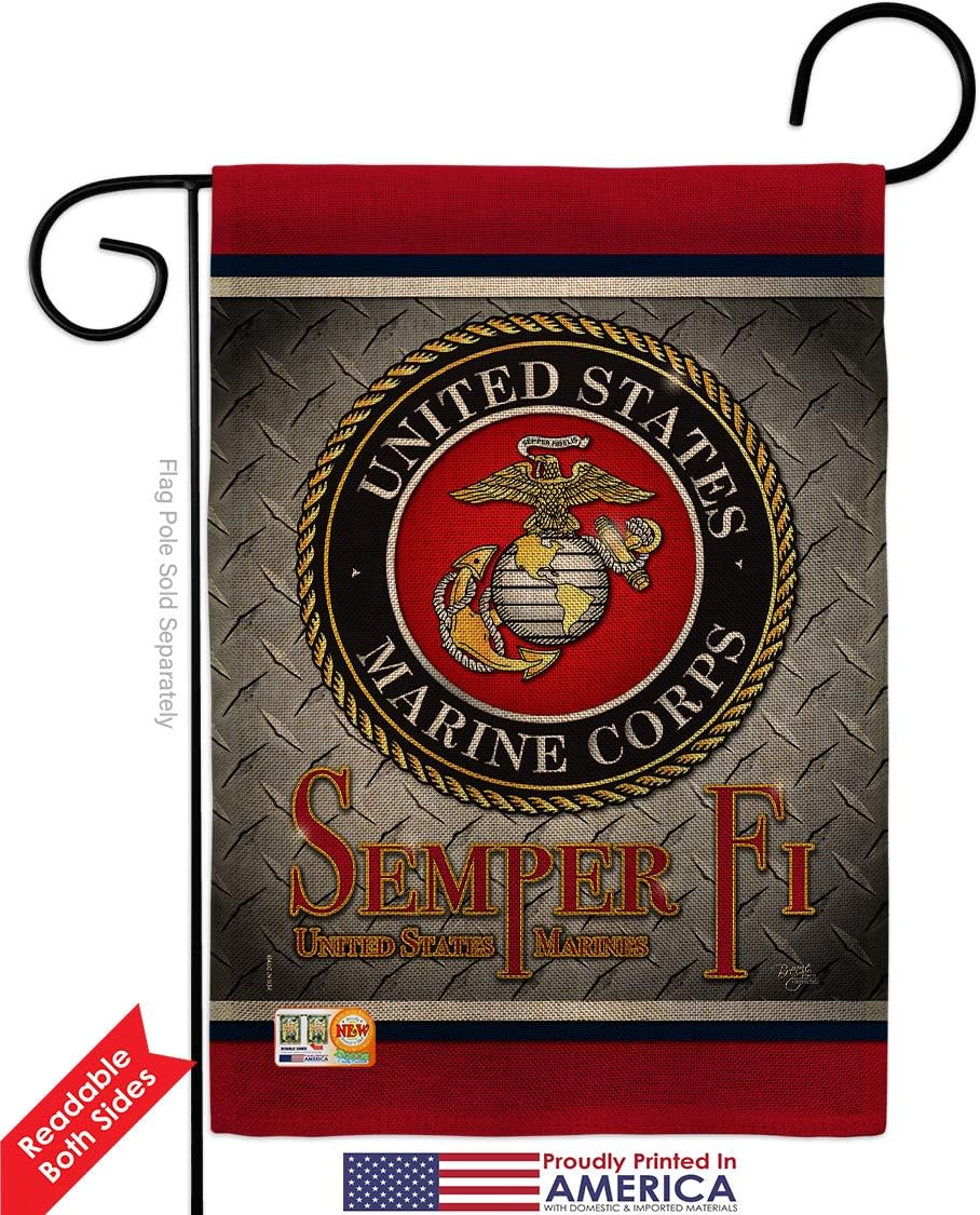 Semper Fi US Marine Burlap Garden Flag Set with Stand Armed Forces USMC United State American Military Veteran Retire Official Small Gift Yard House Banner Double-Sided Made In USA 13 X 18.5