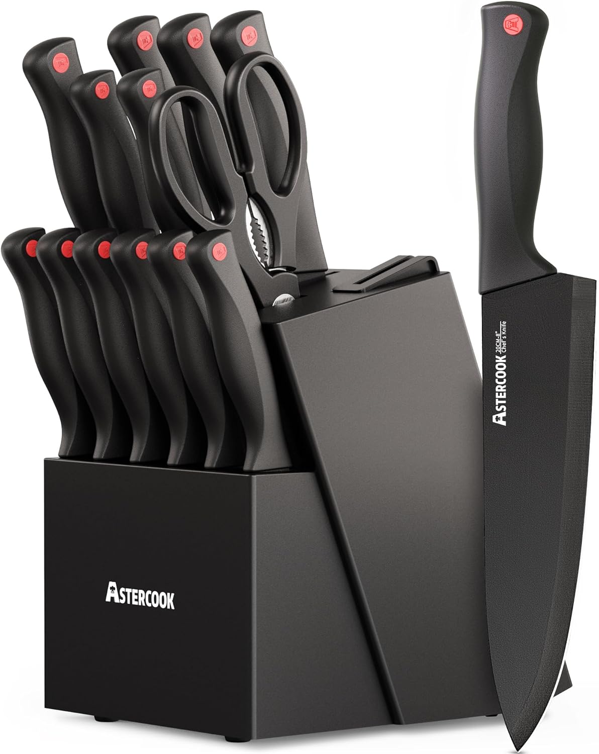 Astercook Kitchen Knife Set Dishwasher Safe 15 Pieces Knives Set with Built-in Sharpener, Black Knives with Block